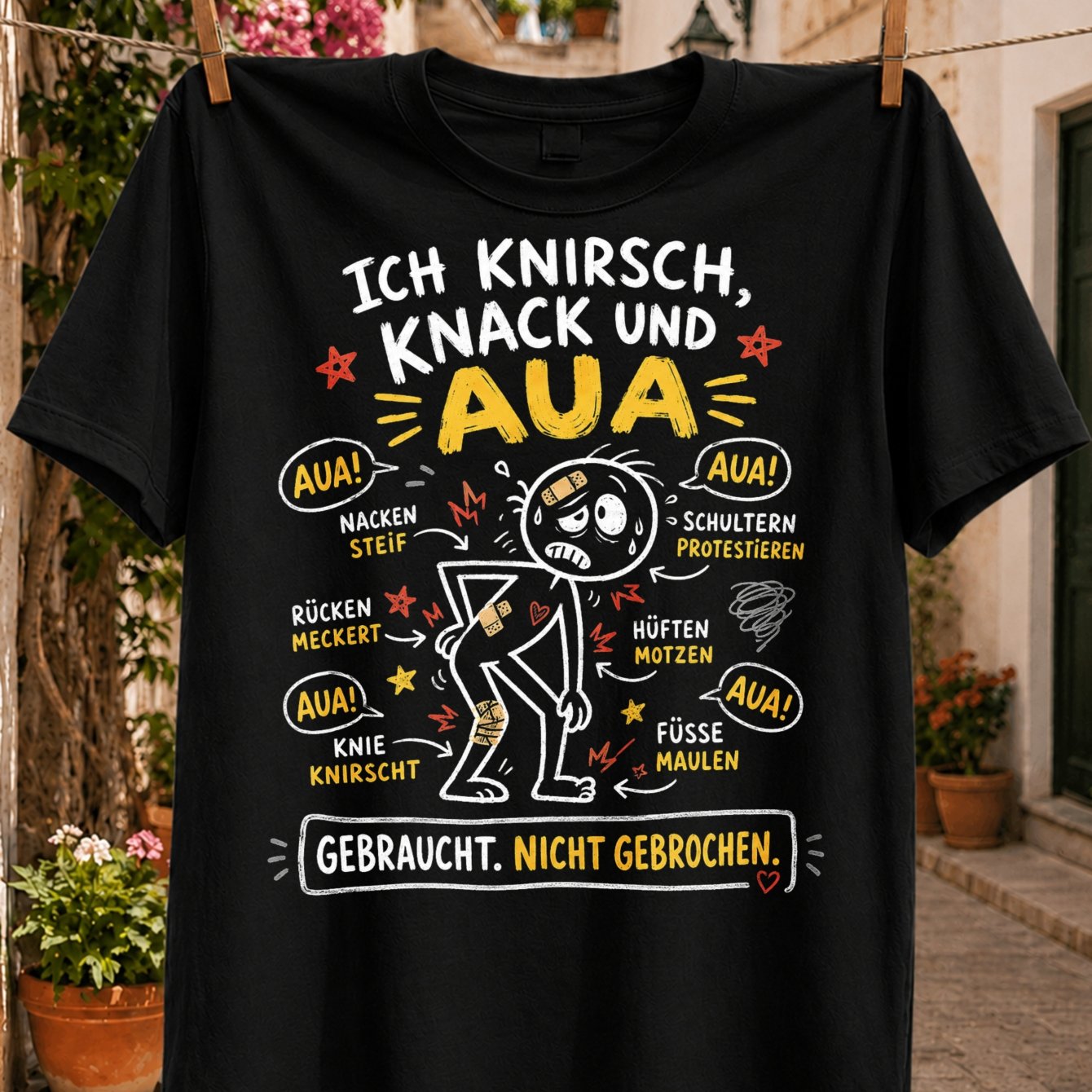 Image of Men's T-shirtich Knirsch Und Aua Funny German Aging Body Diagram Pain Callouts And Gebraucht Nicht Gebrochen Quote Unisex All T-shirtplus Size, Plus Size