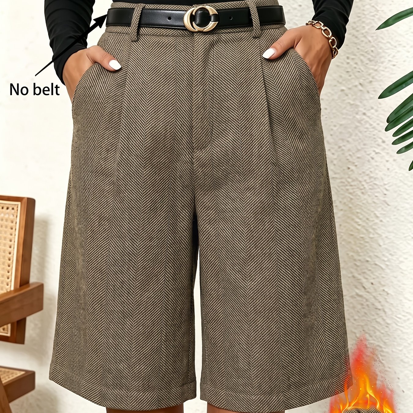 TEMU Winter Belt-less Loose All-match Women's Shorts Slanted Pockets Solid Warm Fabric Comfortable Pleated Women's Shorts