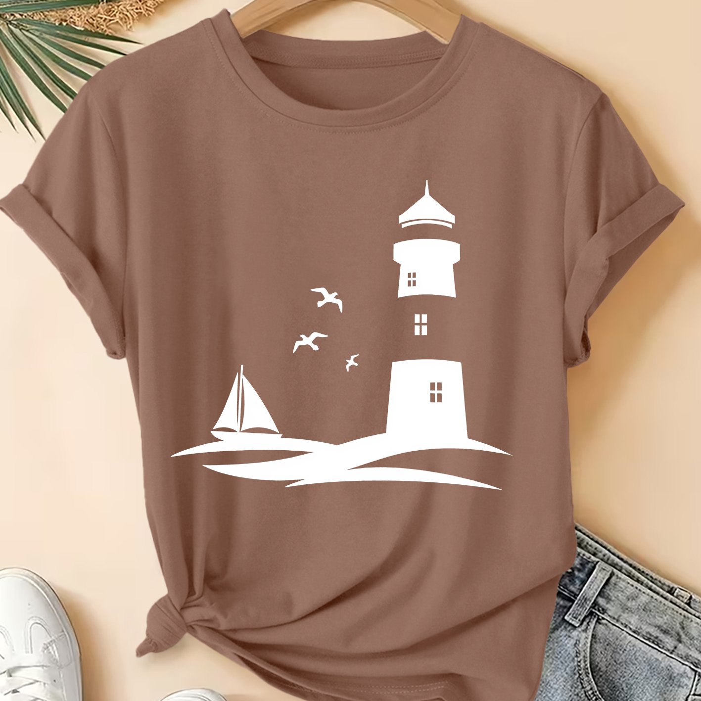 TEMU Women's Plus Size Nautical Lighthouse & Sailboat Print T-shirt - Short Sleeve Round Neck Blouse-compatible Top, Machine Washable Suitable For
