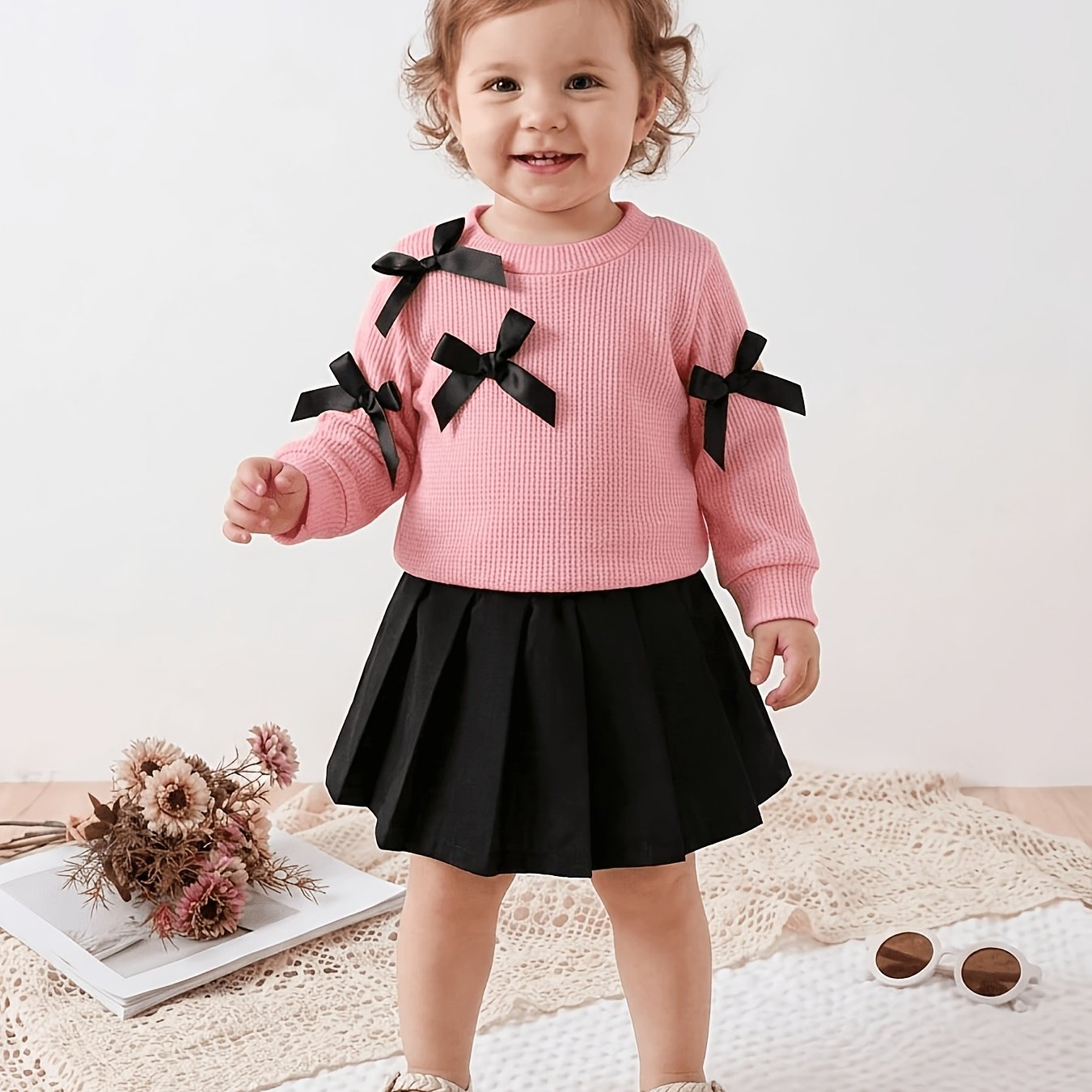 Baby 2pcs Set With Multi- Bow Decorations Round Neck Long Sleeve T-shirt And Pleated Skirt Outfit, For Outdoor