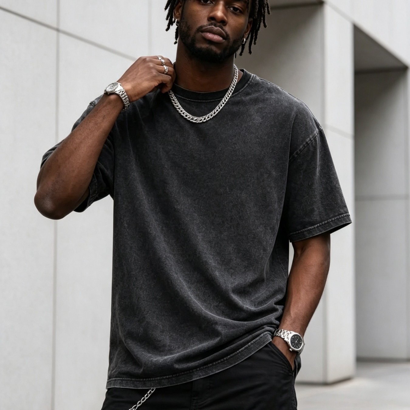 Men' & Women' Vintage Washed Cotton T-shirt - Solid Black Retro Round Neck Short Sleeve Tee, Machine Washable Suitable For Casual Casual Attire, Essential Basic Wardrobe Staple For (no )