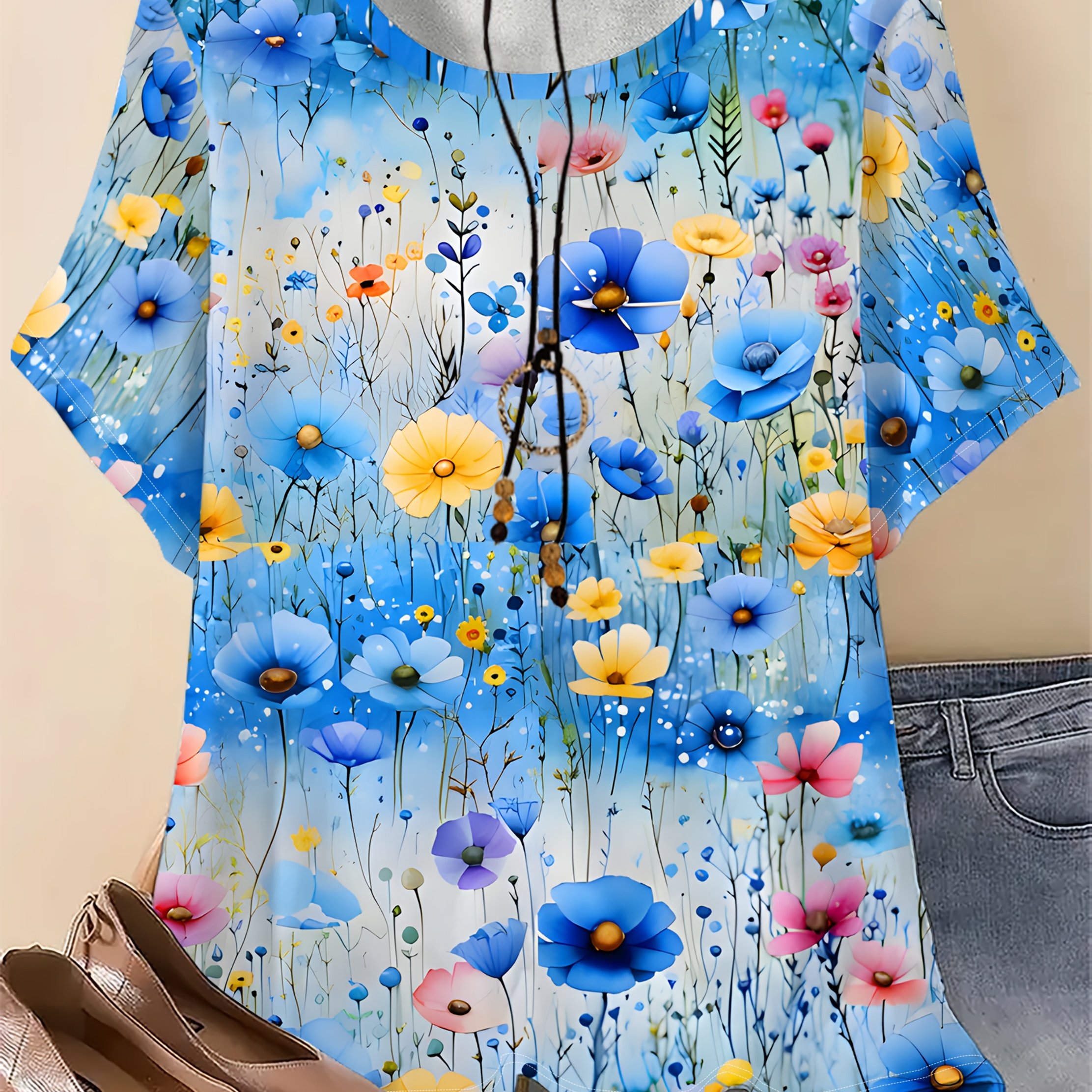 TEMU Plus Size, Spring/summer Casual Short Sleeve Floral Print Round Neck T-shirt, Women's Wear