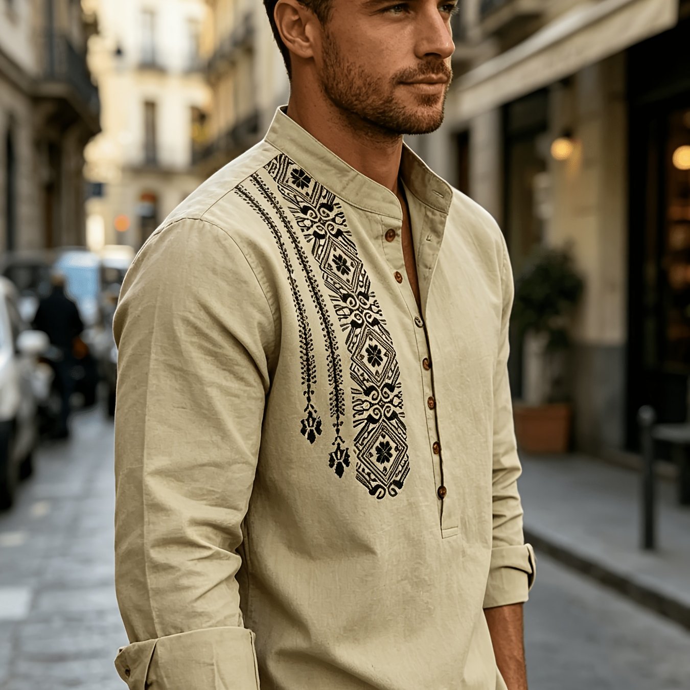 TEMU 2026 Summer/ Shirt, Collar Long-sleeve Linen T-shirt, Casual Ethnic Print, Casual Outing, Linen
