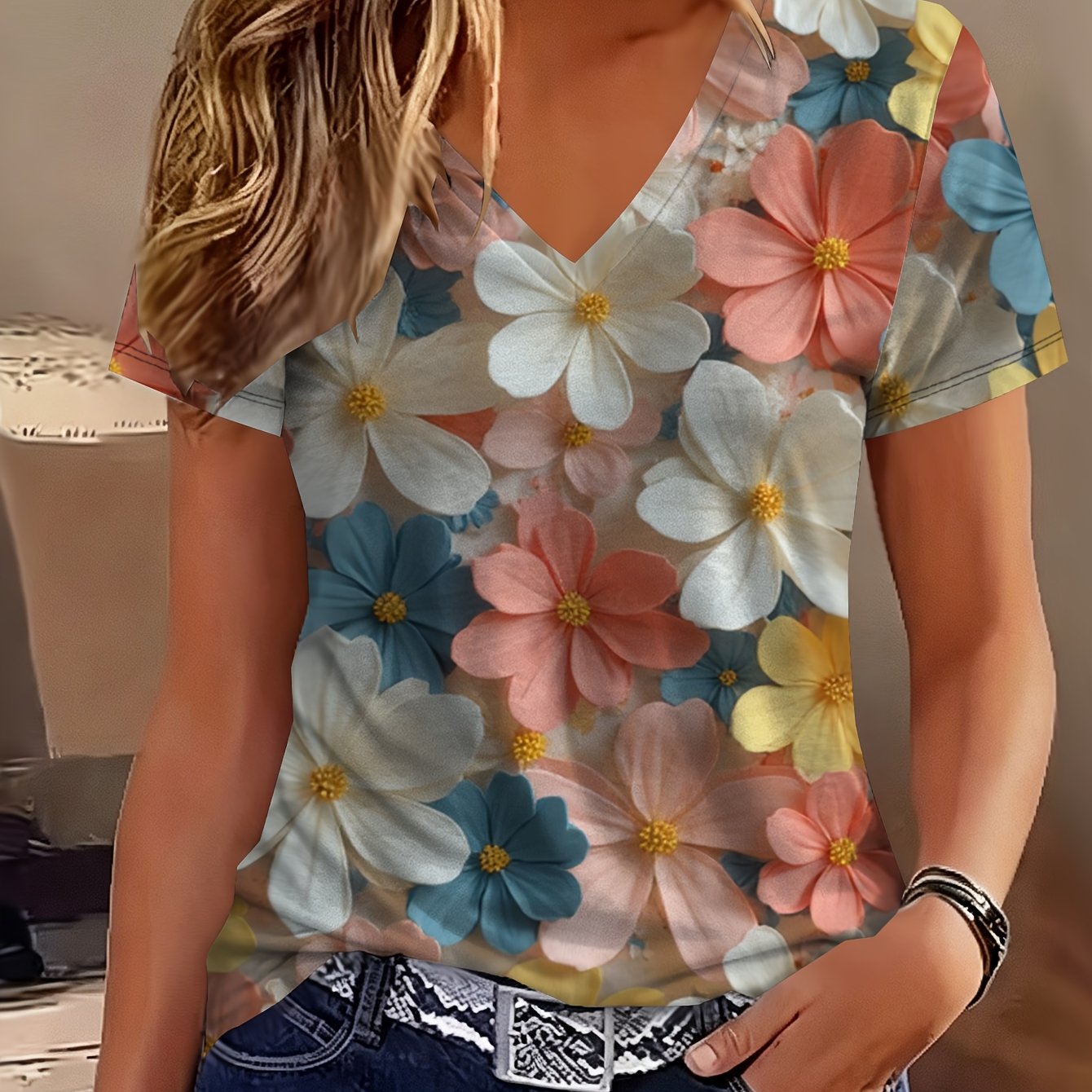 TEMU Women's Elegant V-neck Short-sleeve T-shirt With Soft Print - Layered Spring Bloom Design In Coral, Blue, And Yellow For Casual And Dressy
