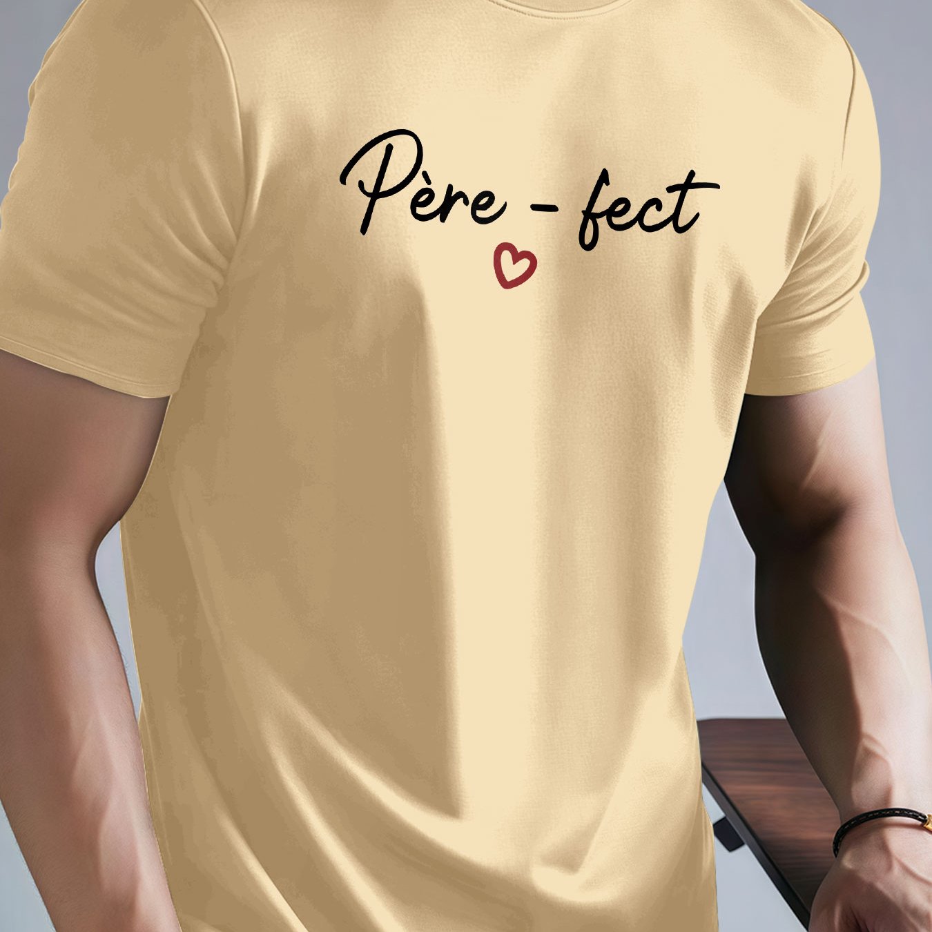 TEMU T-shirt Homme à Manches Courtes Imprimé Cœur Rouge - Col Rond Décontracté pour l'Été, Haut Lavable en Machine, Cadeau pour des Pères et Tenue