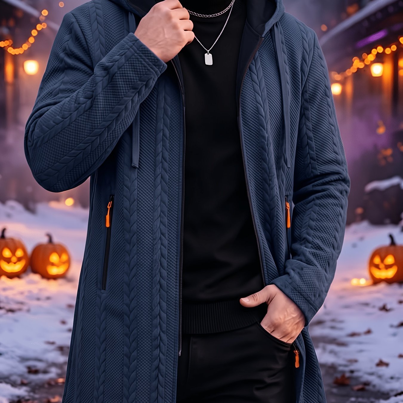 TEMU Manteau Trench à Capuche en Décontracté d'Automne Hiver pour Homme, Texture en et Sweat à Capuche à Design Jacquard, Vêtement d'Extérieur et