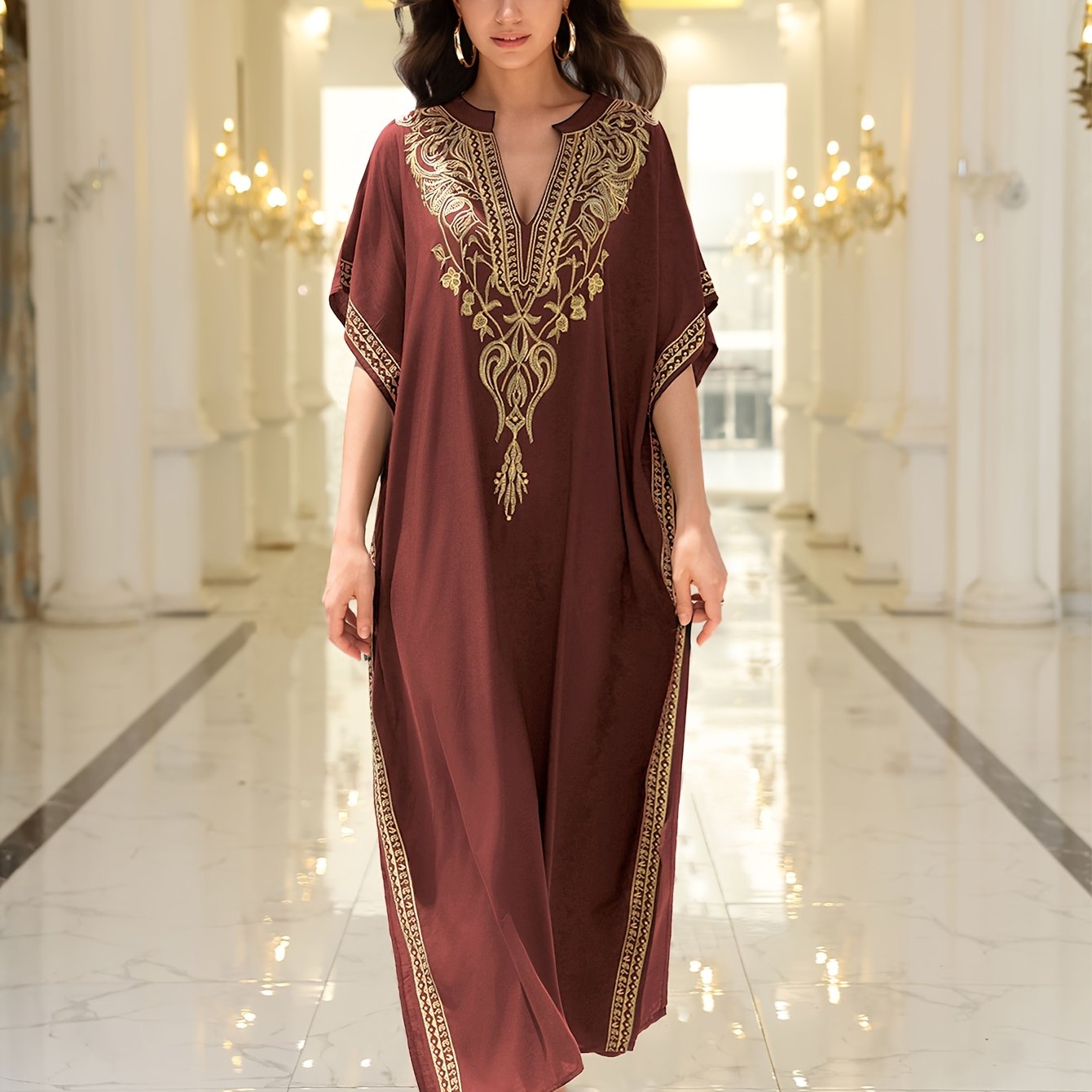 Image of 2025 Summeer Chic Golden Embroidered Sexy V-neck Bat Sleeves Side Slits Dress For Women Elegant Resort Robe Q1735