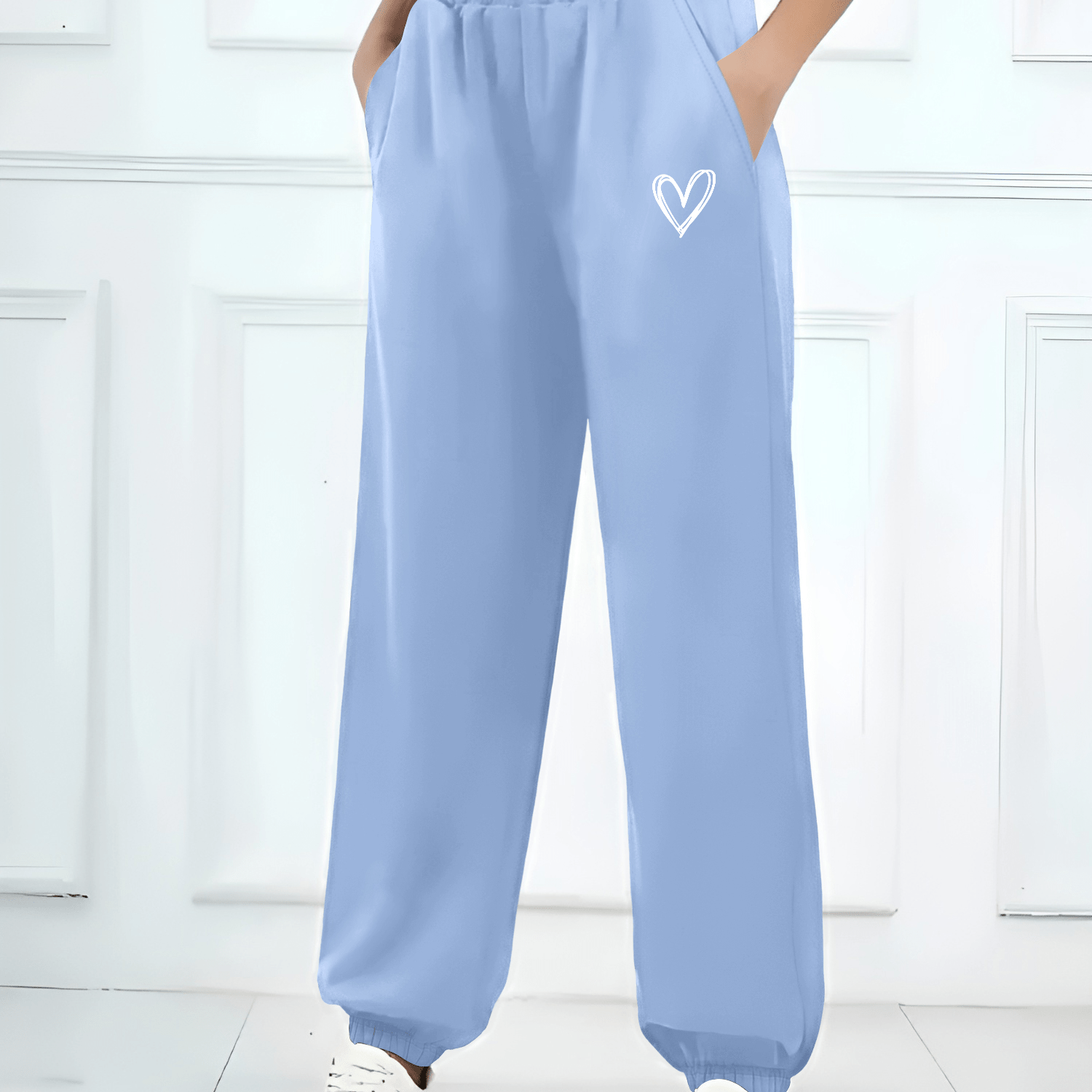 TEMU Women's Casual Heart Print Sweatpants With Pockets - Knit Fabric, Elasticated Ankle, Adult Jogger Pants