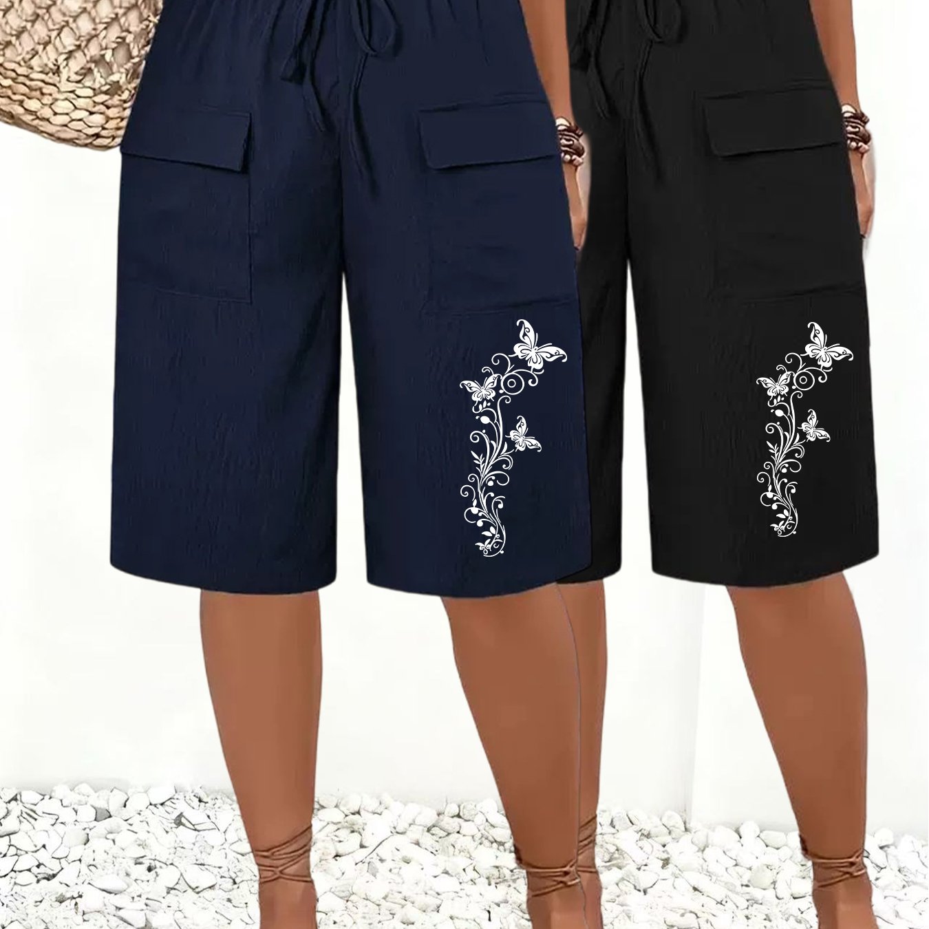 TEMU 2-pack Women's Shorts, Size Marked Athletic Casual Pants, Beautiful Individual Printed Bow Decor Women's Shorts, Spring Summer Women's Shorts