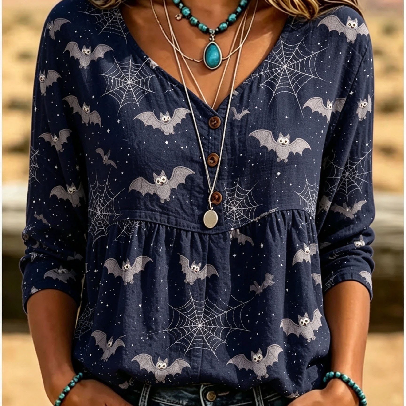 item picture navy blue v neck babydoll top with bat spiderweb and starry   loose flattering casual halloween 3 4 sleeve shirt