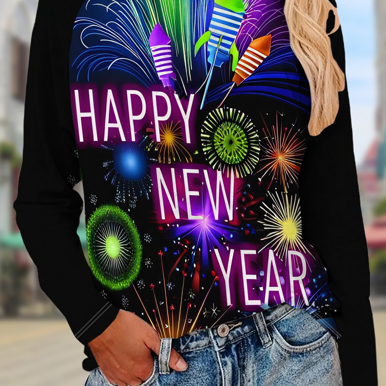 TEMU New Year Fireworks Printed Women's Long Sleeve T-shirt Made Of Fabric, , Lightweight And Breathable, Suitable For Everyday Wear, Fashionable Top