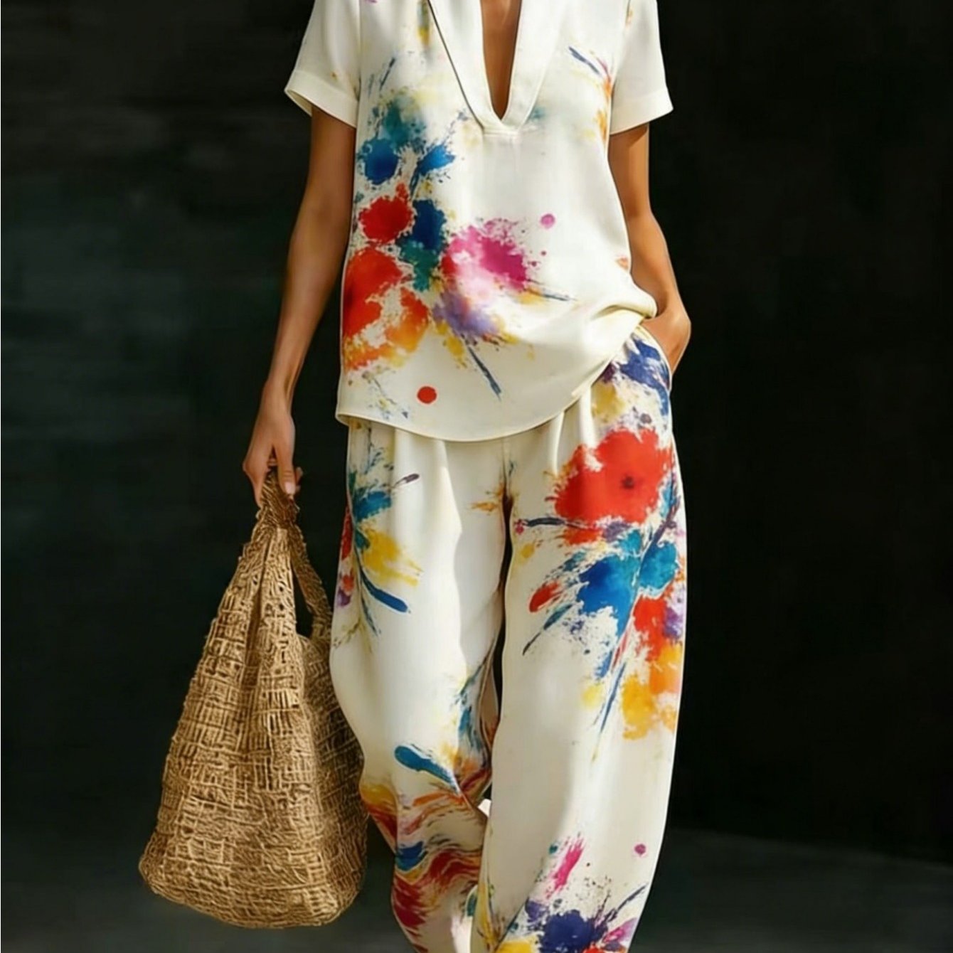 Plus Size, Summer Women's 2pcs Set Watercolor Splash Print V-neck Short Sleeve Top & Wide Leg Pants Casual Loose Vacation Outfit Multicolor White