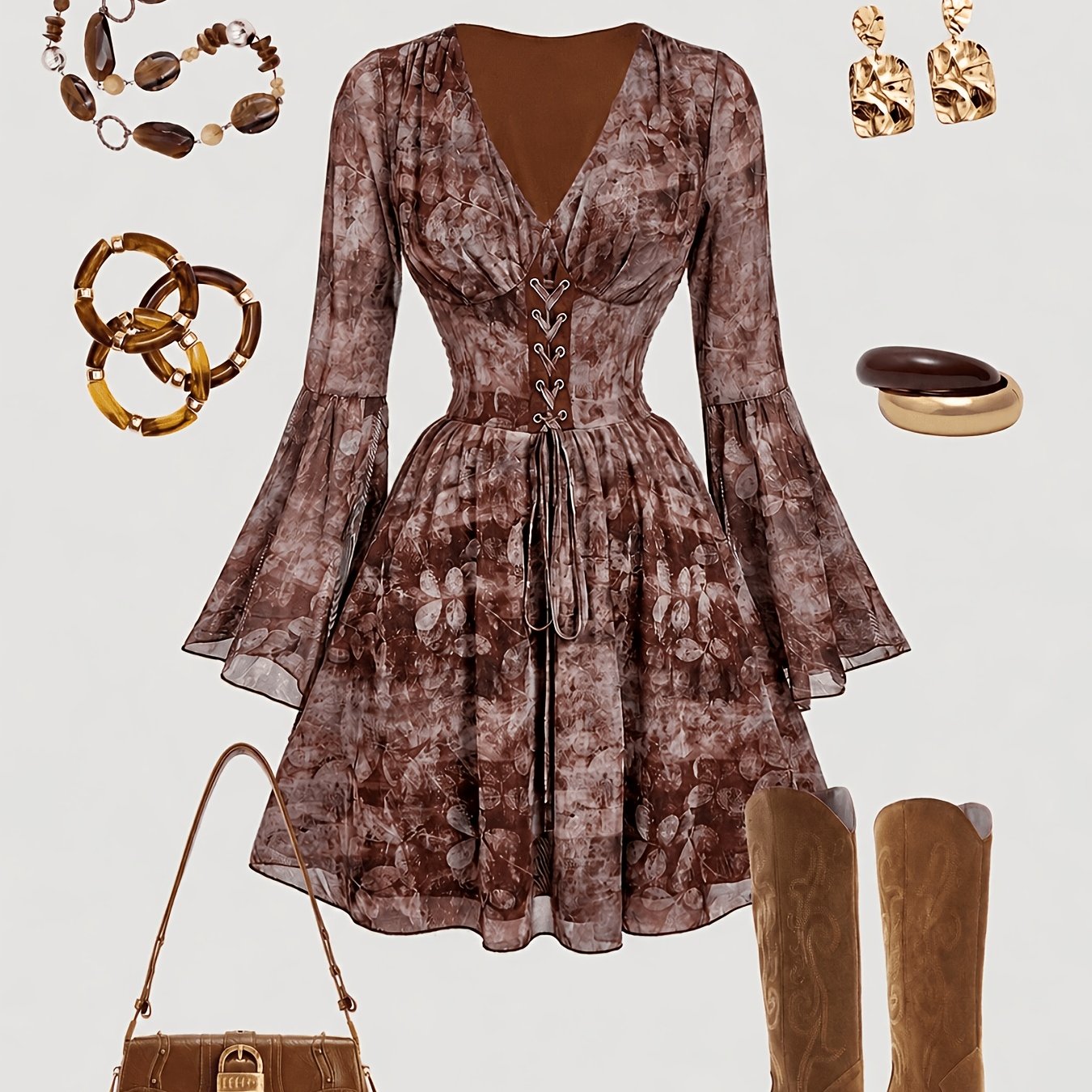 TEMU Robe courte vintage Y2K à fleurs pour femme avec col en V, taille nouée à croix, manches évasées et jupe courte tendance western