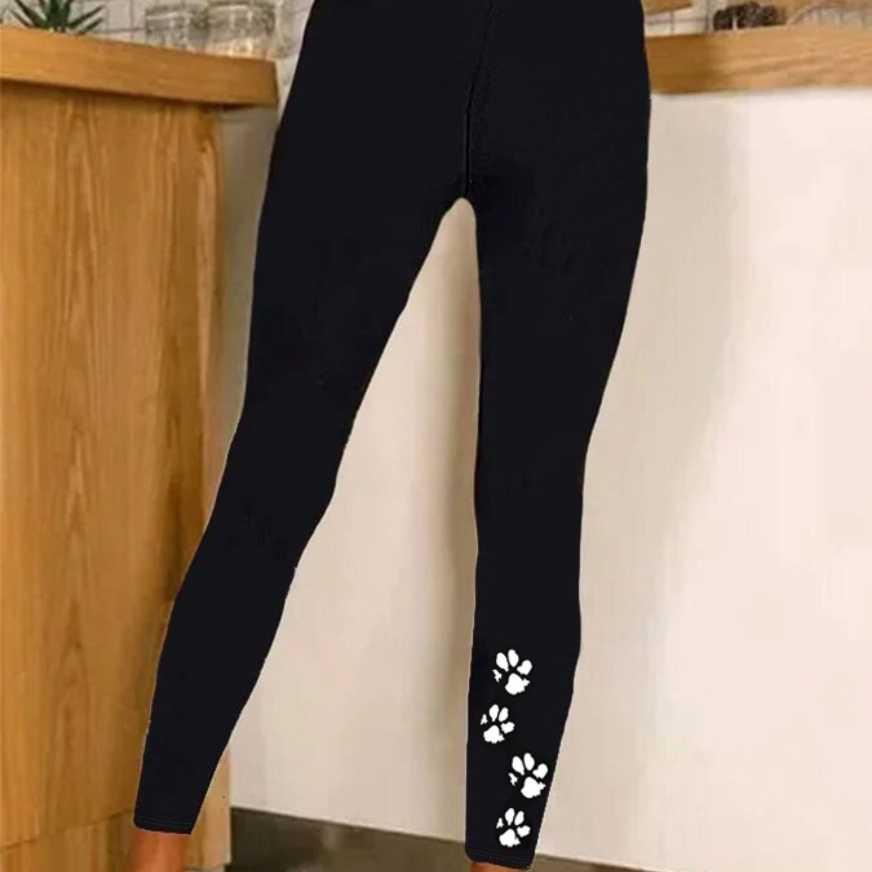 TEMU Women's High-waisted Skinny Leggings With Paw Print - Stretchy Pants, Non- Tummy & Casual Wear, Machine Washable - (suitable For),, Everyday