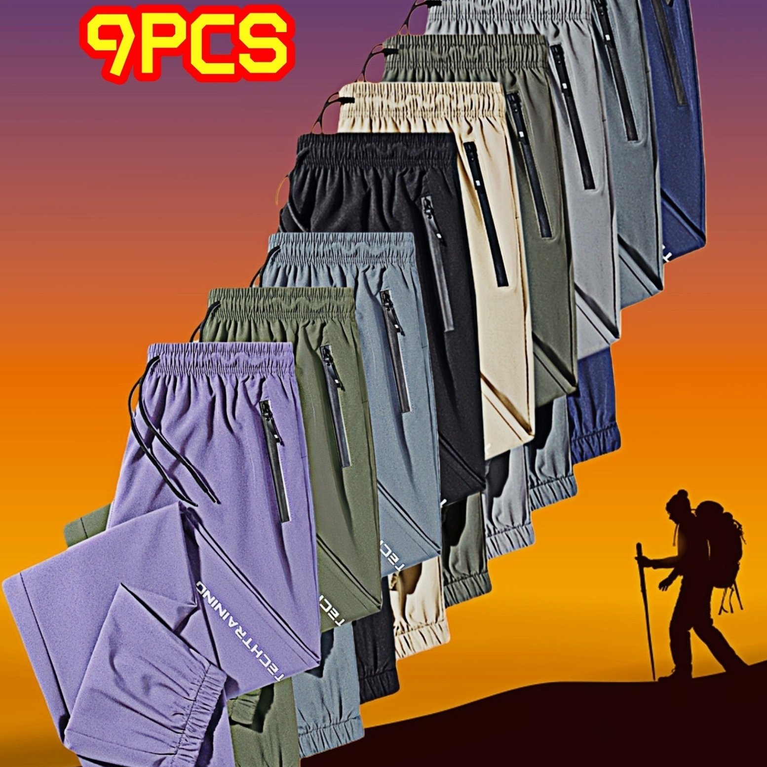 TEMU New 9pcs Set Of Women's Casual Polyester Trousers, Solid Color Printed Side , Regular Style With Drawstring, Ankle, Letter, Comfortable And