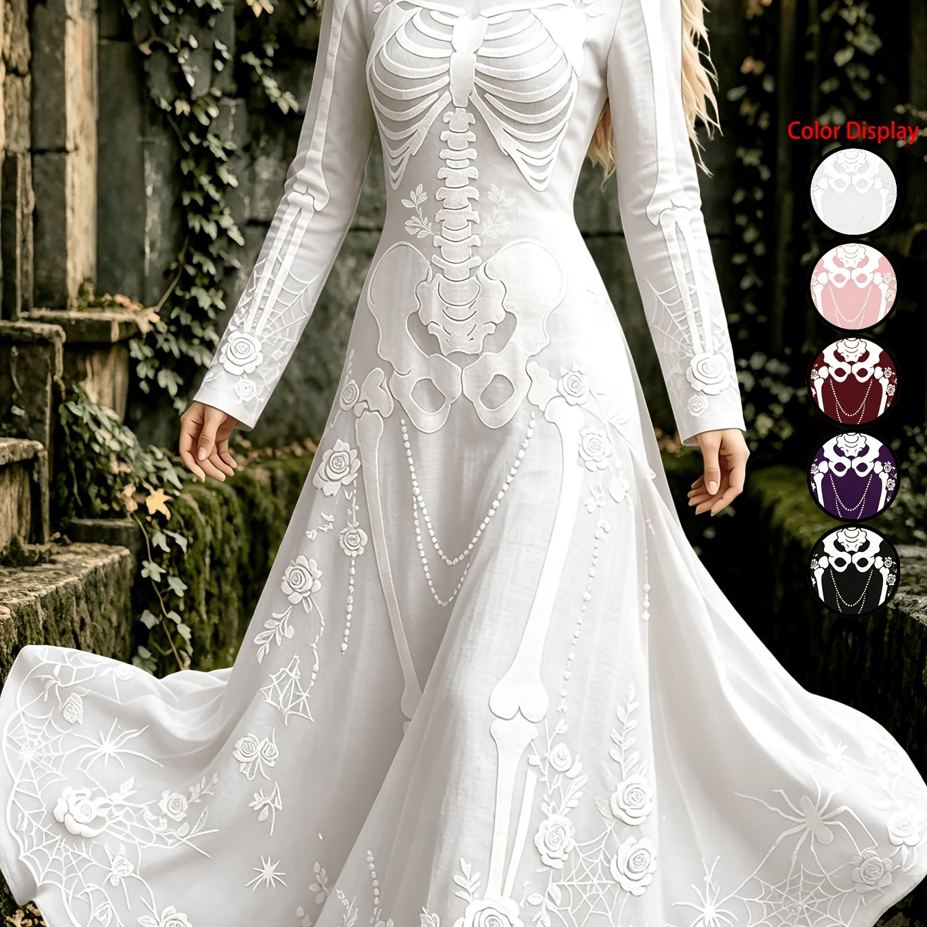 TEMU Halloween Skull Rose Print Long Sleeve Women's Dress Vintage Round Neck Flared Maxi Dress Holiday Party Cosplay Gown