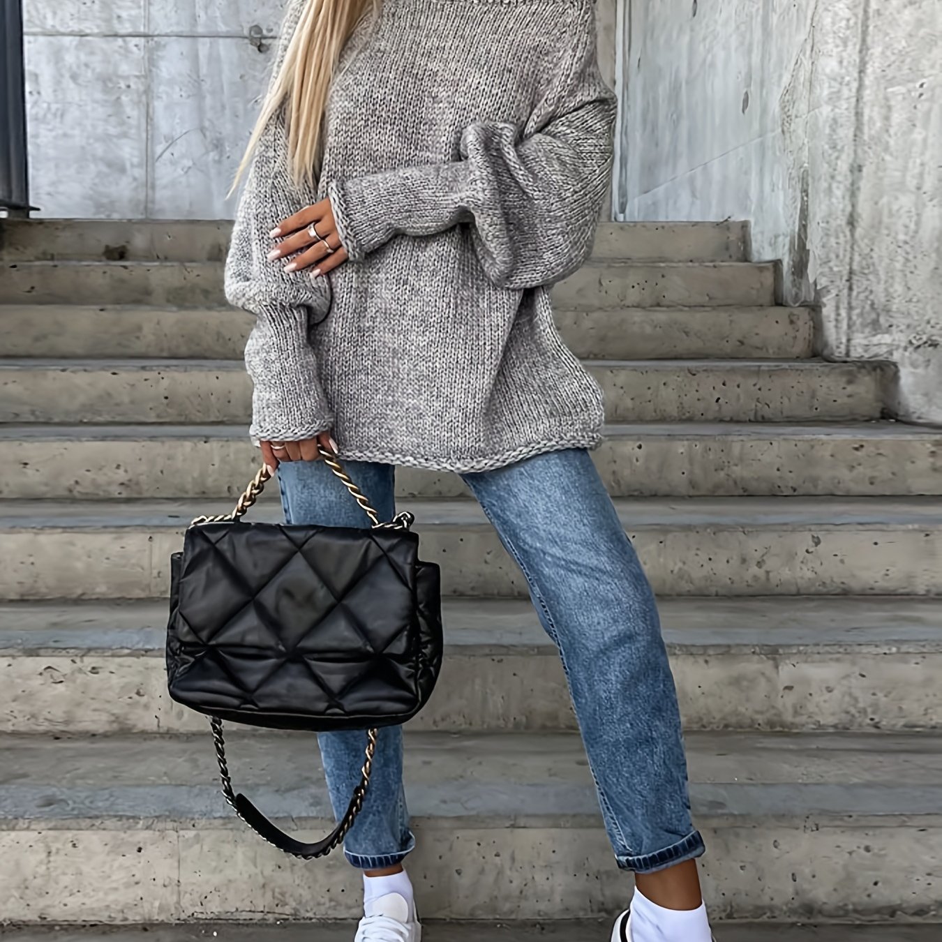 E-shop Damen Herbst Winter Lässige Mode Temperament Pendeln Vielseitig Einfach Unifarben Großer Rundhalsausschnitt Cross-Wear Ärmel Manschettendesign