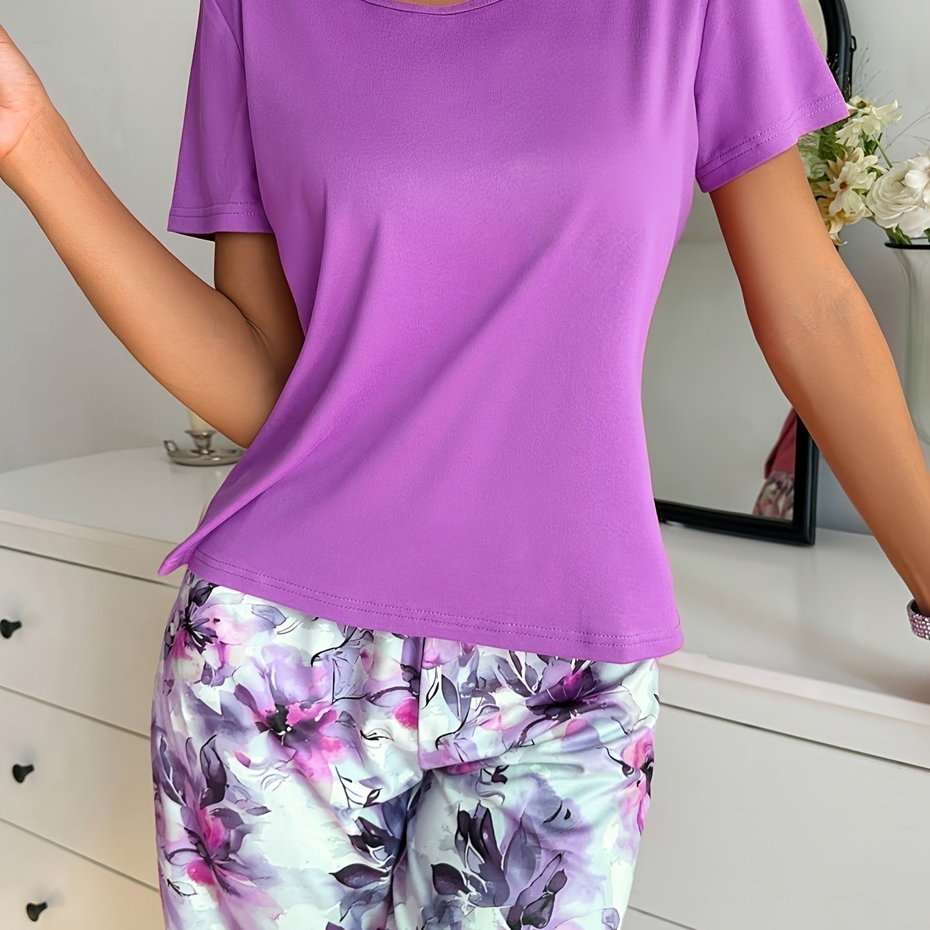 Image of Women's Floral Theme Pajama Set With And Loose Capri Pants, Perfect Sleepwear
