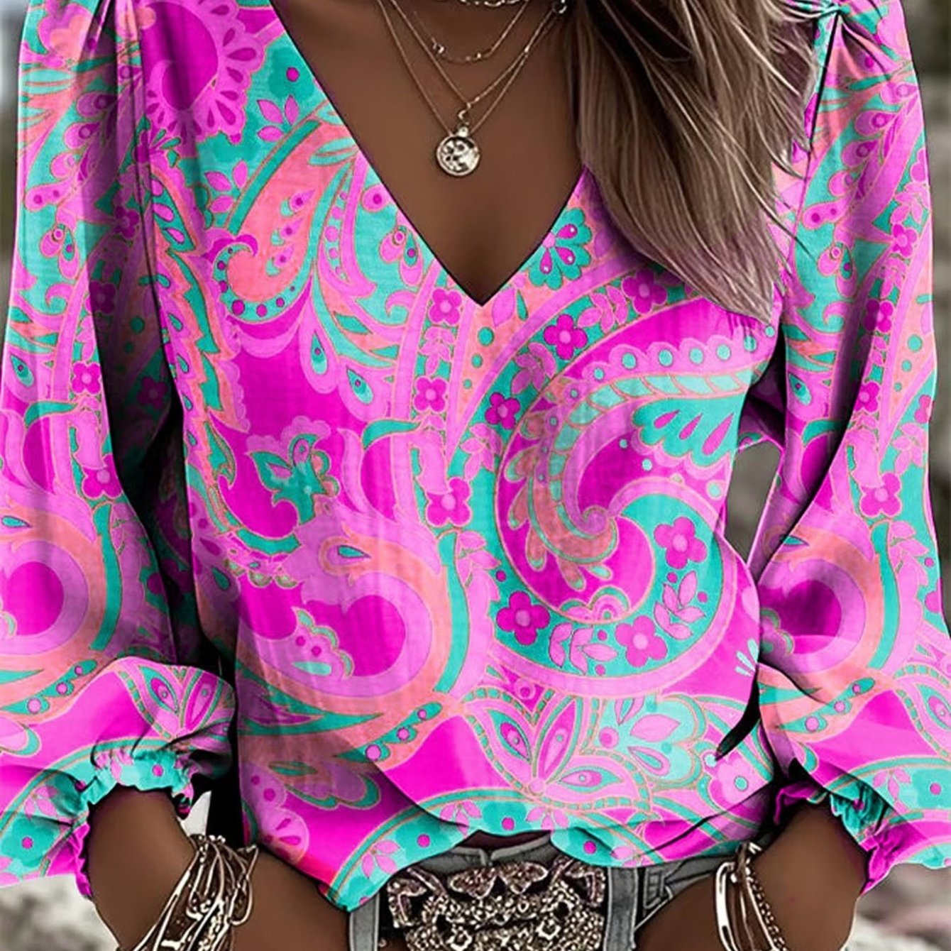 TEMU 2d Flat Print Retro Western Style Shirt, V-neck Women's Retro Floral Print Long-sleeved Top, Bohemian Style Lantern Sleeve Design, Versatile For