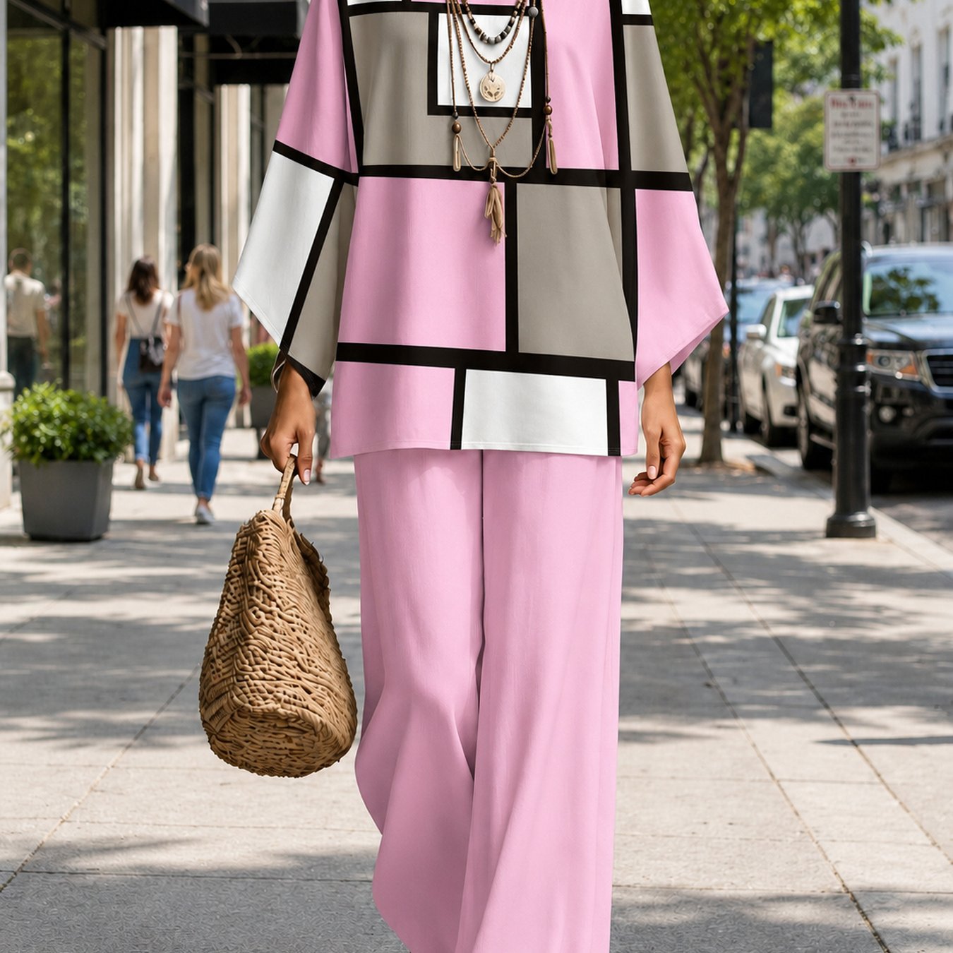 Image of Women'-piece Set, Crew Neck Loose Batwing Sleeve Top Wide Leg Pants, Geometric Color Block Vacation Outfit
