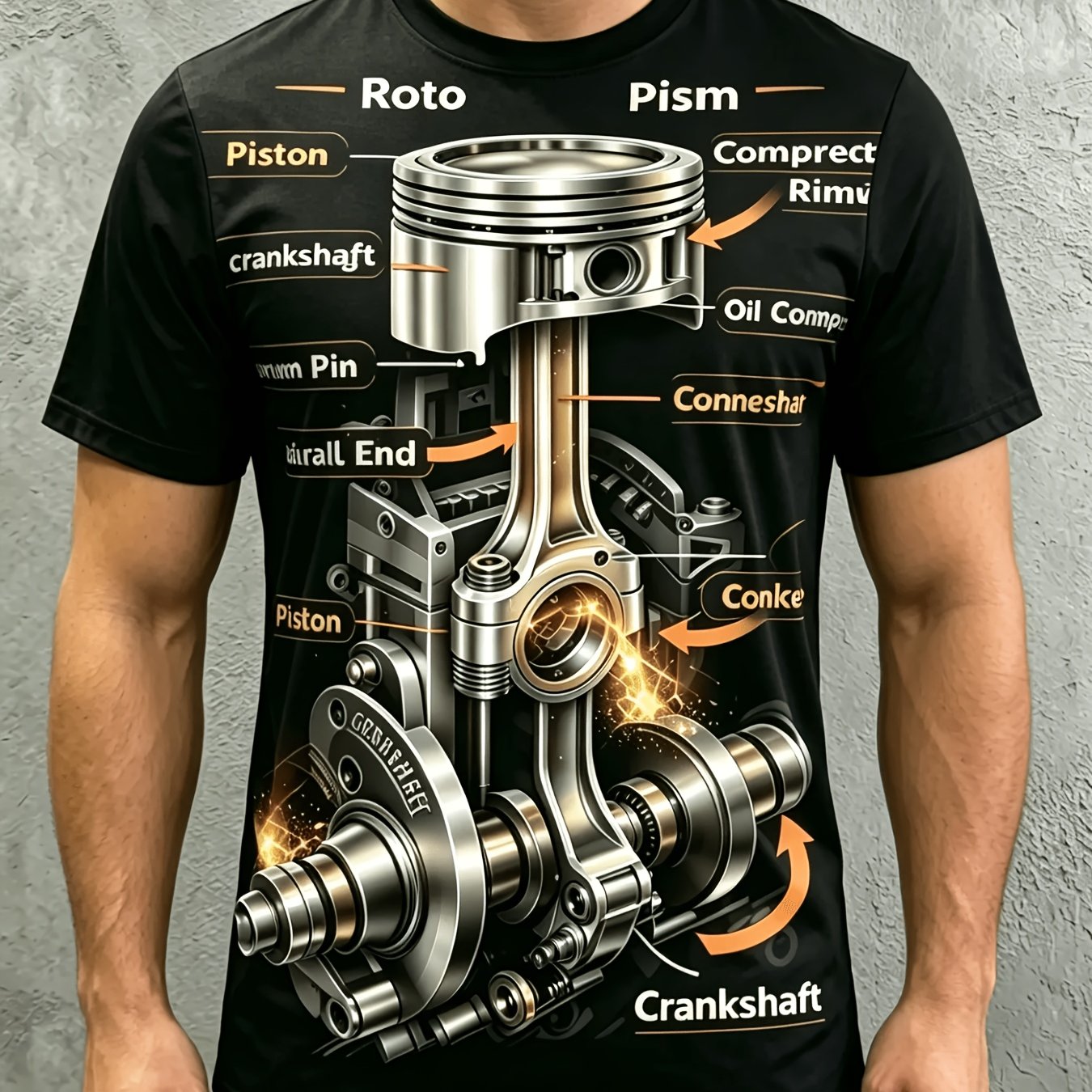TEMU Men's Engine Piston Print T-shirt - Car Mechanic Graphic Short Sleeve Crew Neck Tee With Engine, Suitable For Auto Lovers, Streetwear Style,