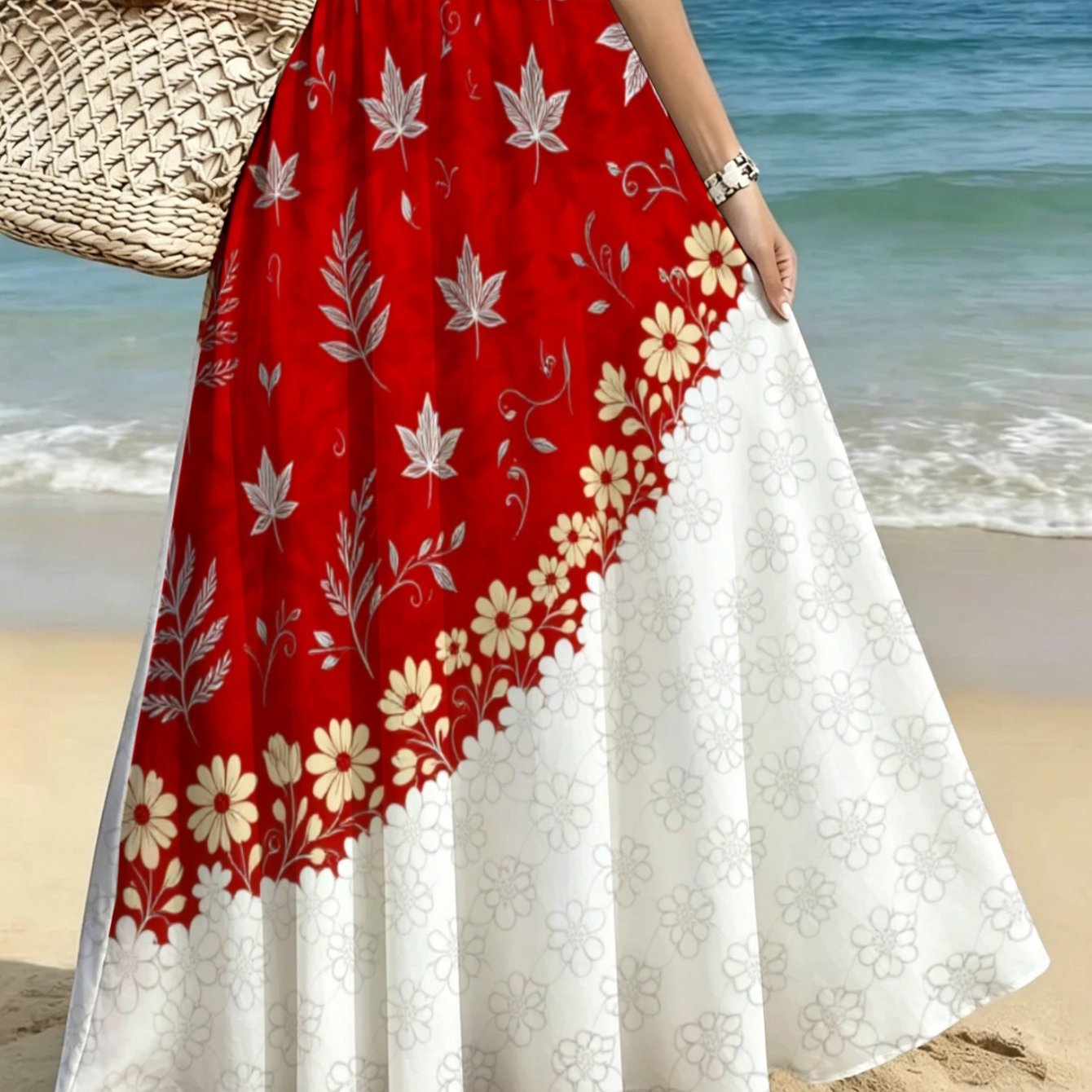 TEMU Lianyaoshi Women's Red And White Floral Maxi Skirt, Lightweight For Beach Vacation, Casual Outdoor Wear, Elegant Asymmetrical Print