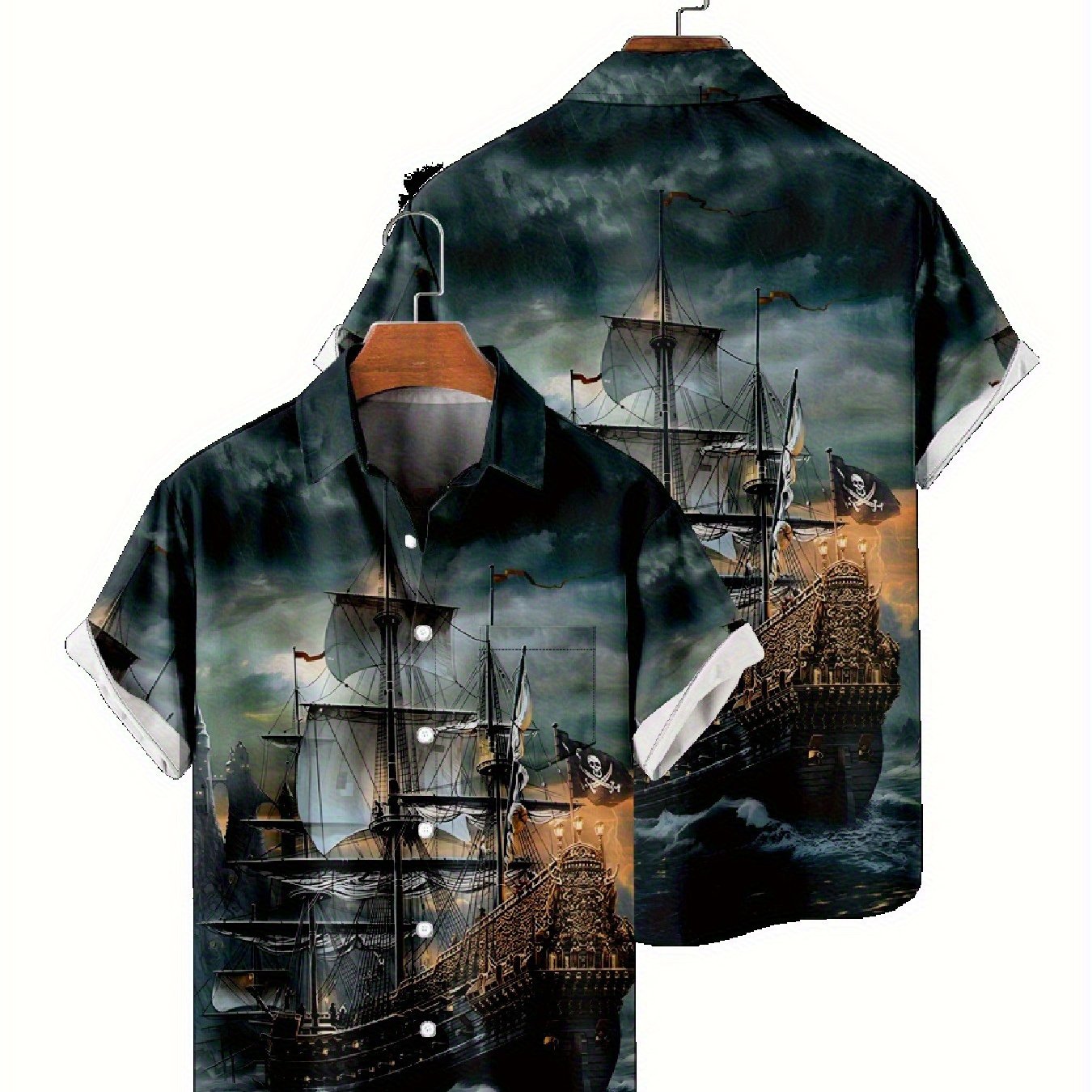 TEMU Men's Vintage Sailboat 3d Printed Button Shirt | Short Sleeve, Summer Nautical Theme, Black And White Vintage Design, Casual Hawaiian Style,