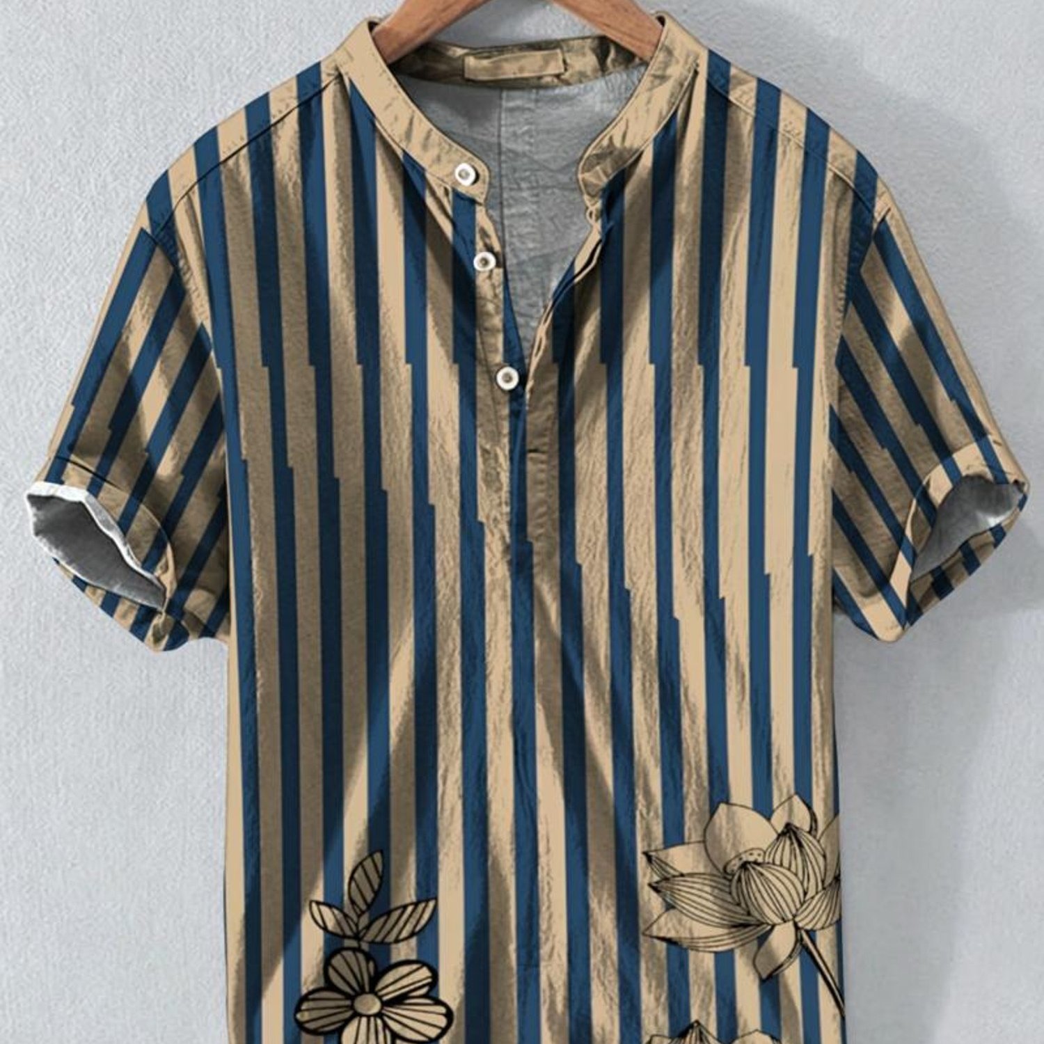 Men's Stand-collar Shirt, Retro Botanical Striped Design, Digital Printed Pattern, Polyester Fabric, Comfortable For Casual Wear, Mixed Color, Multiple Specifications