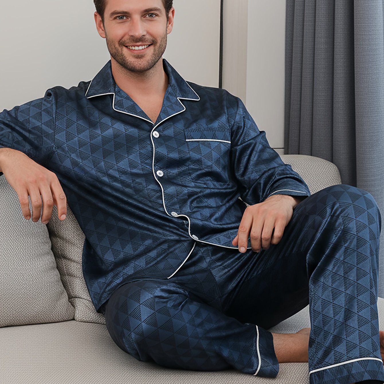 E-shop Herren Langarm-Langarm-Pyjama-Set für alle Jahreszeiten, Geometrisches Casual-Loungewear-Zweiteiler-Set