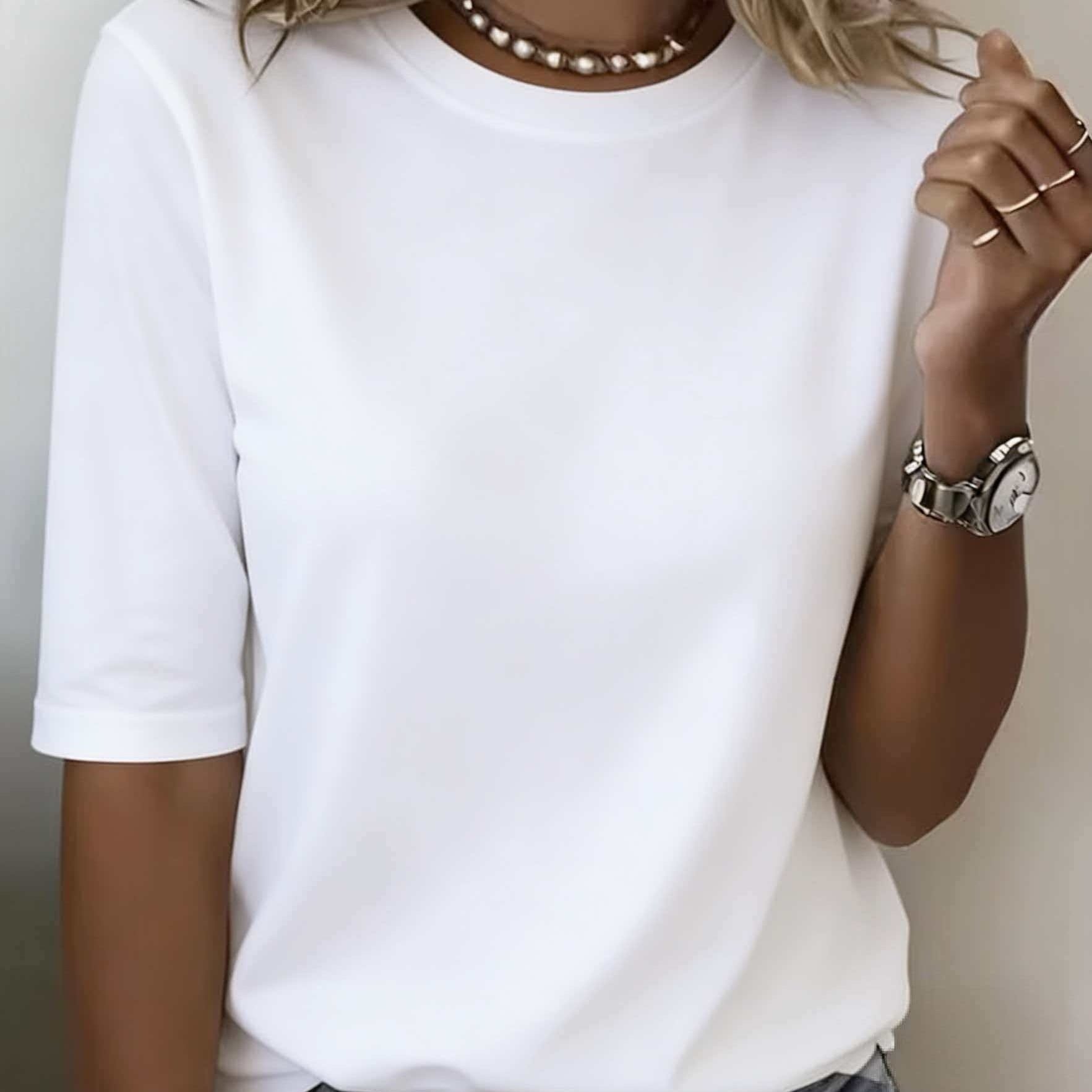 TEMU Plus Size, Women's High-elastic Loose Fit T-shirt - Solid Color Round Neck Five-quarter Sleeve Blouse Suitable For Daily Commuting, Dates &