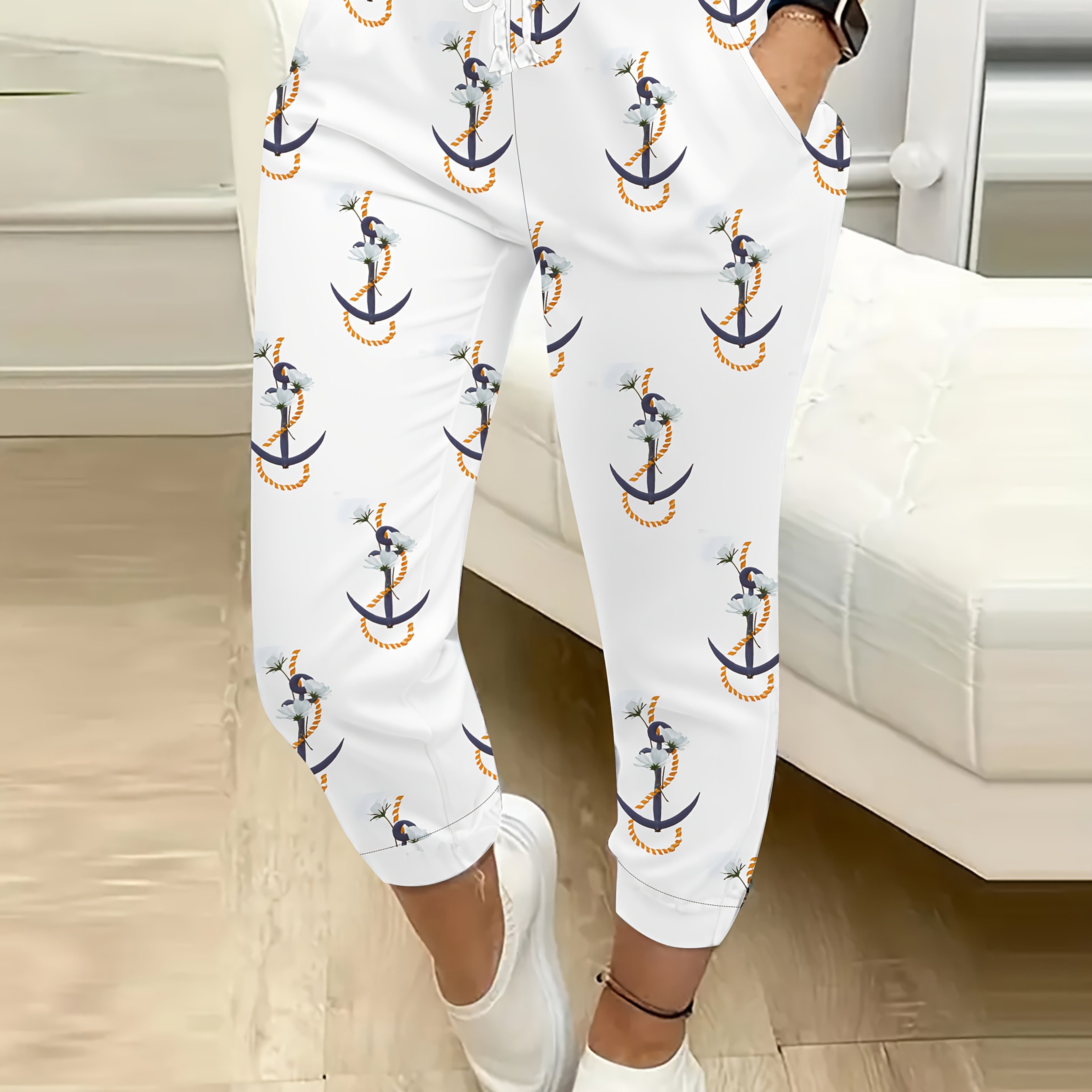 Women's Casual Fashion Anchor Print Drawstring Pocket Pants