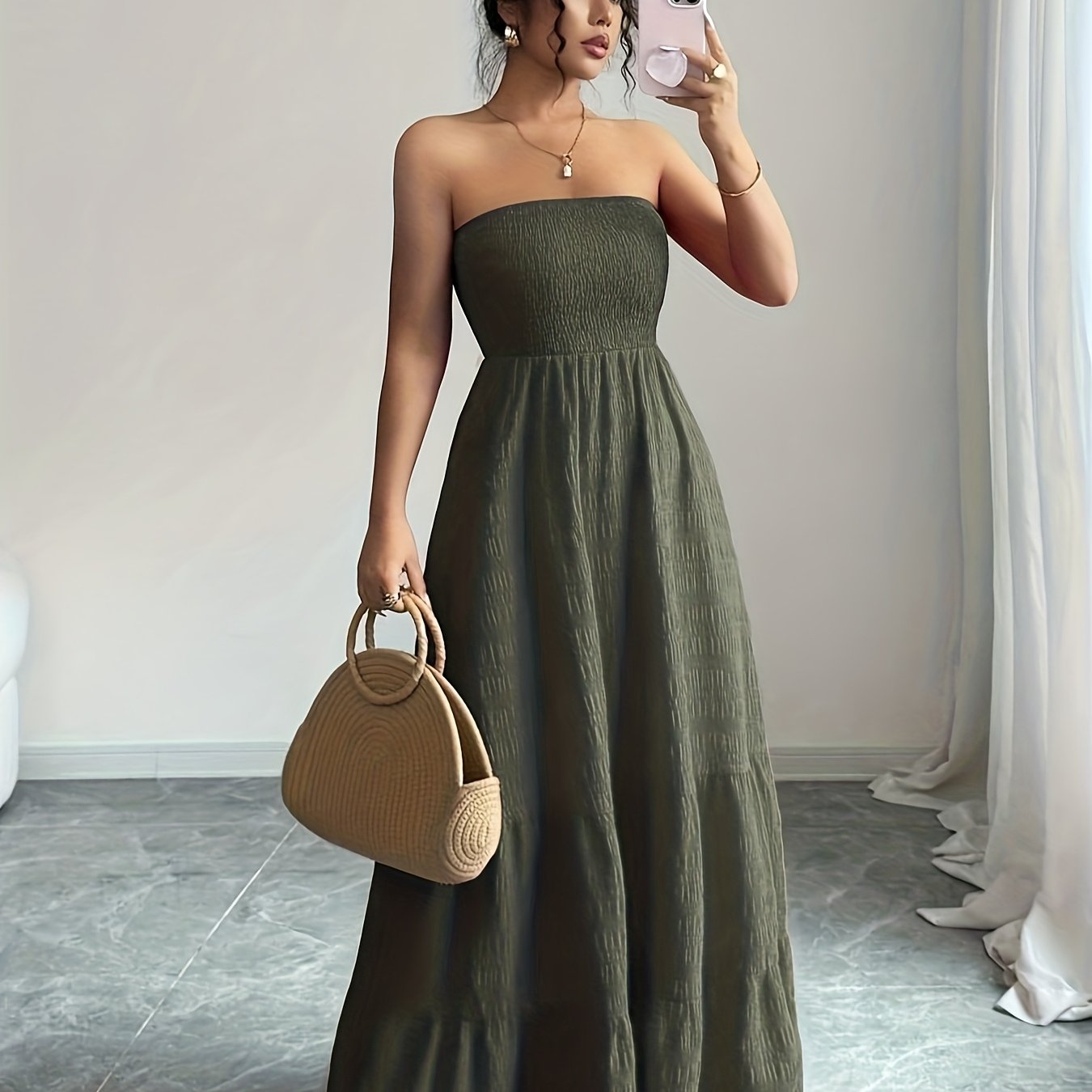 Image of Women' -shoulder Pleated Summer Casual Sleeveless Dress