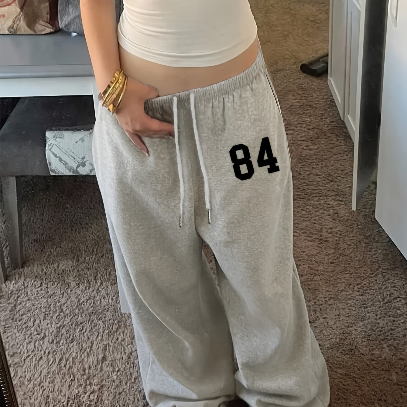 TEMU Women's Trendy And Cool Outfit Featuring A "84" Number Print With Special Meaning, A Niche-style Printed Drawstring Waist Loose-fit Pants.