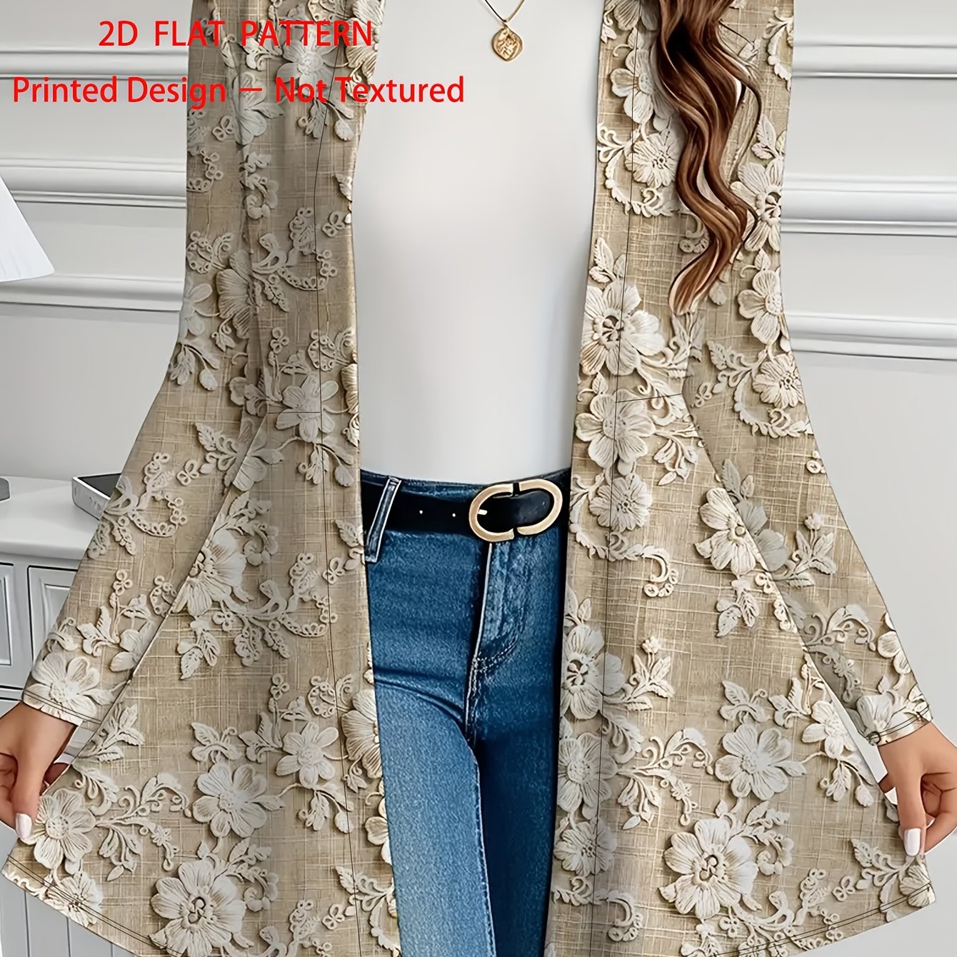 TEMU Women's Floral Print Long Sleeve Cardigan - Elegant 2d , Beige & White Flowers, Open Front, Lightweight For Spring Summer Fall, Casual To Formal