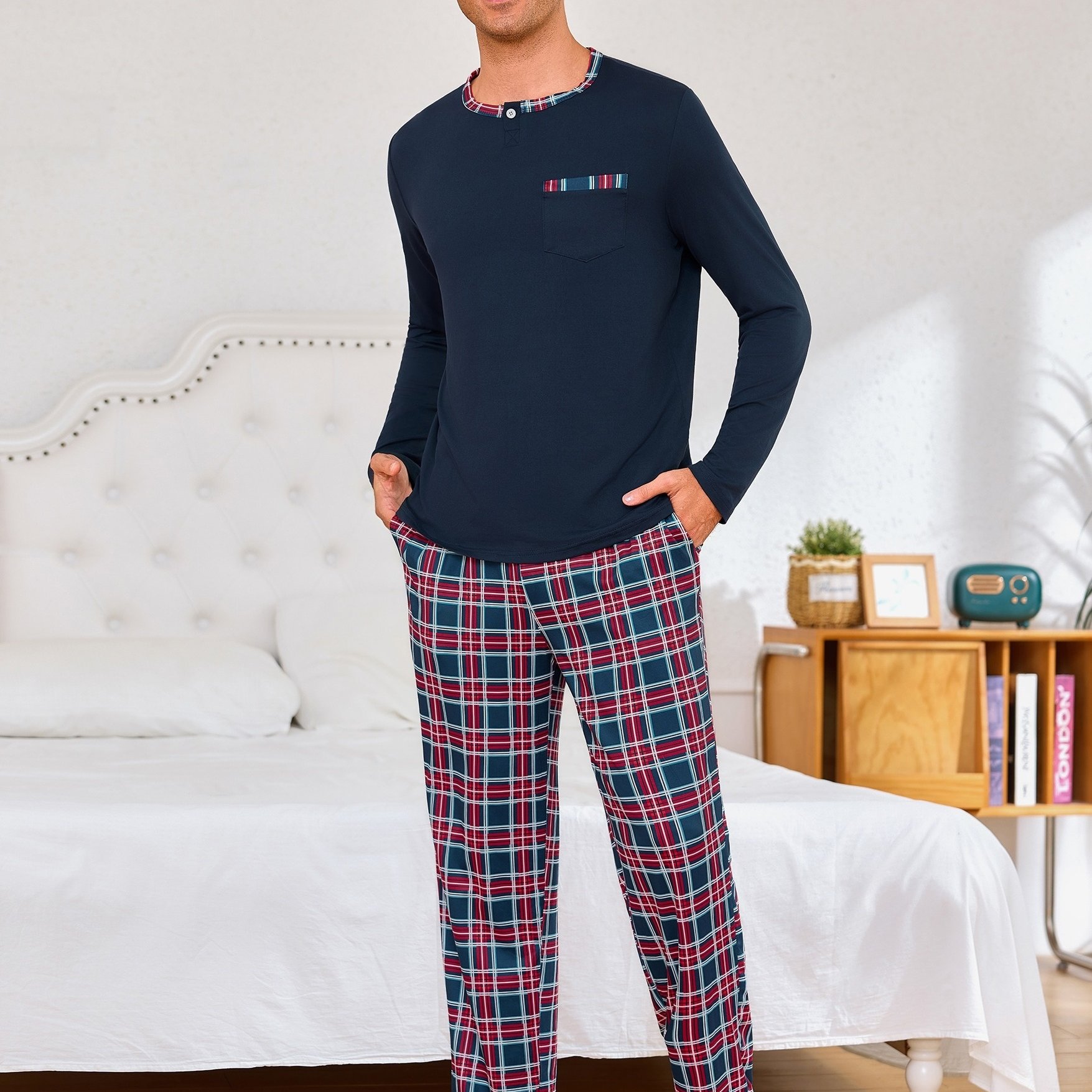 Image of Men' Contrast Trim Henley Long Sleeve Pajama Set, Chest Pocket Top & Elastic Waist Long Pants, Soft Cotton Stretchy 2pcs Sleepwear Loungewear