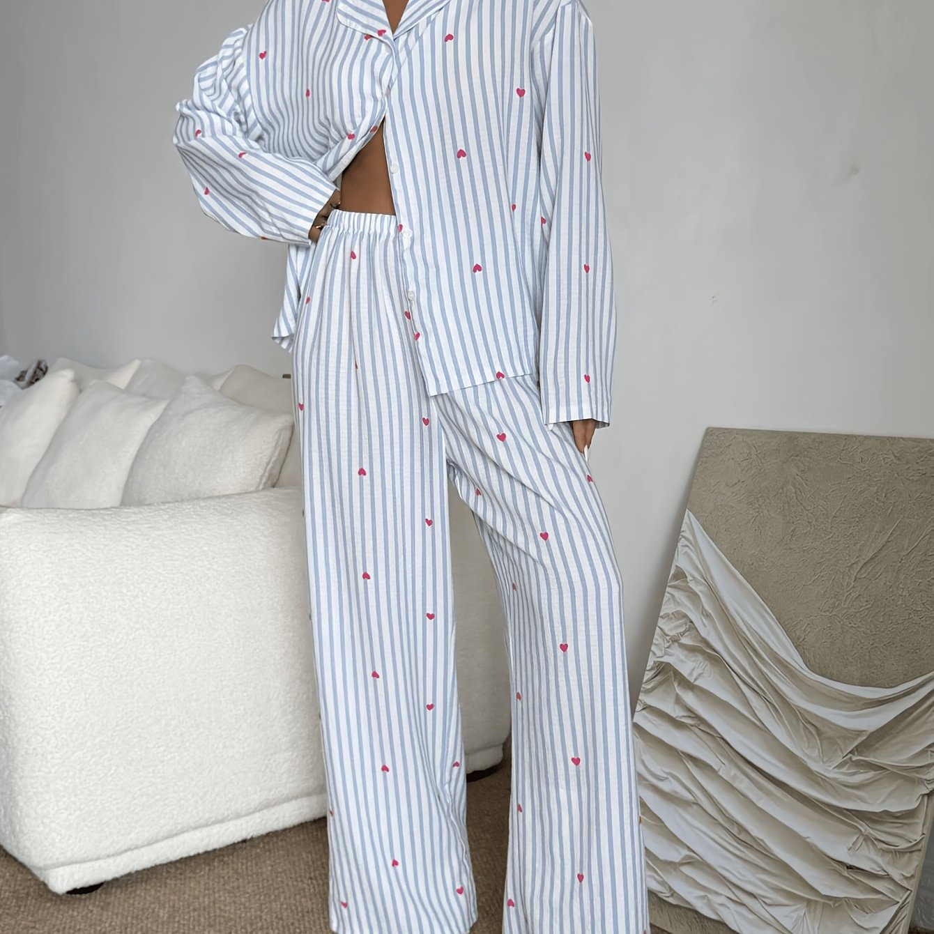 TEMU Bubble-wrinkle Open-front Heart Romantic Print Pajama Set, Long-sleeve Shirt Top And Elastic Waist Pants, Women's Loungewear And Sleepwear