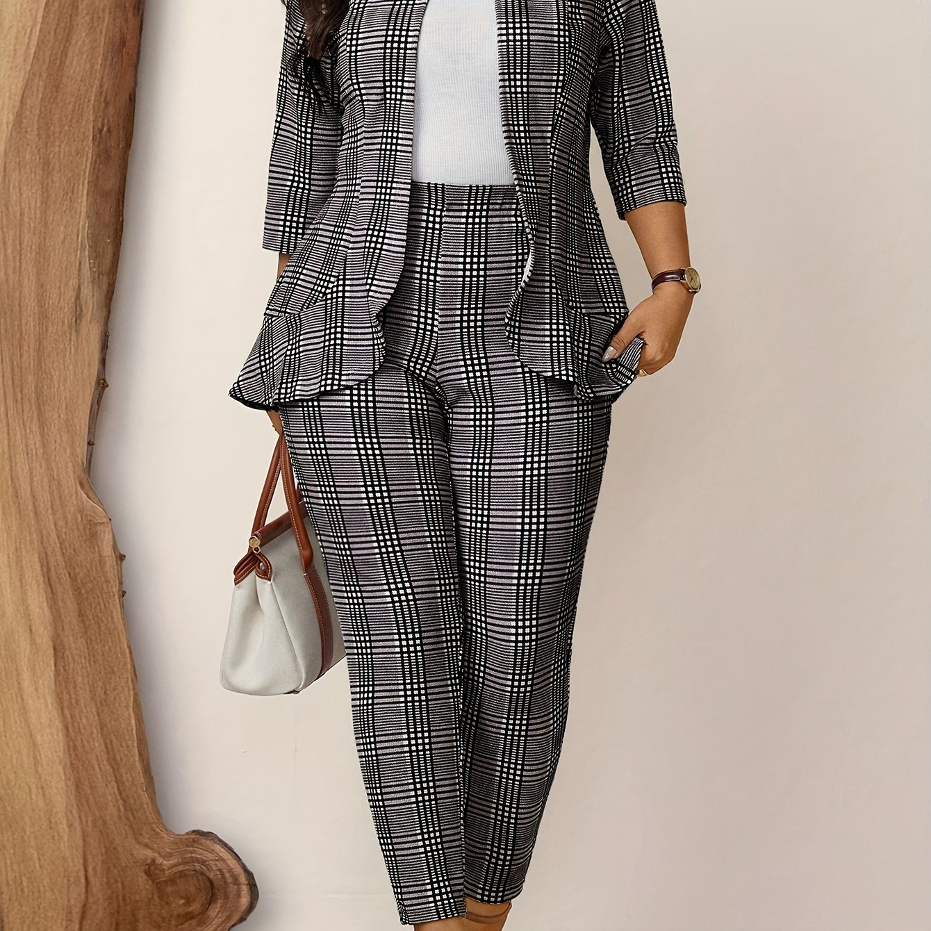 TEMU Ensemble Taille Grande - 2 pièces à Carreaux, Imprimé à Carreaux, Décontracté, Manches 3/4, Uniforme de Travail, Veste et Pantalon, Ensemble 2