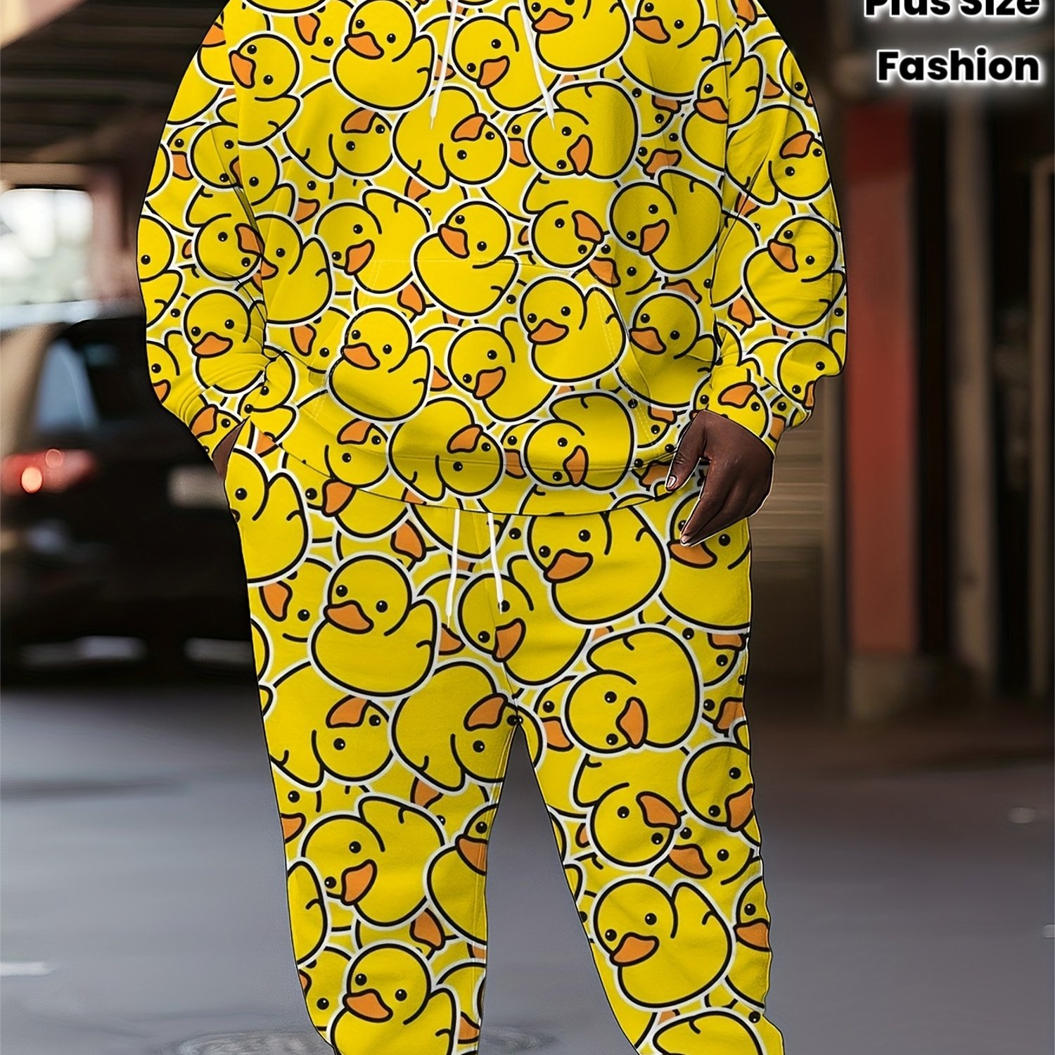 TEMU Men's Plus Size Sweatshirt Set With Yellow Little Yellow Duck Print, Hooded Sweatshirt Set, Trendy Size Fun Cartoon Sporty 2pcs Set, Plus Size