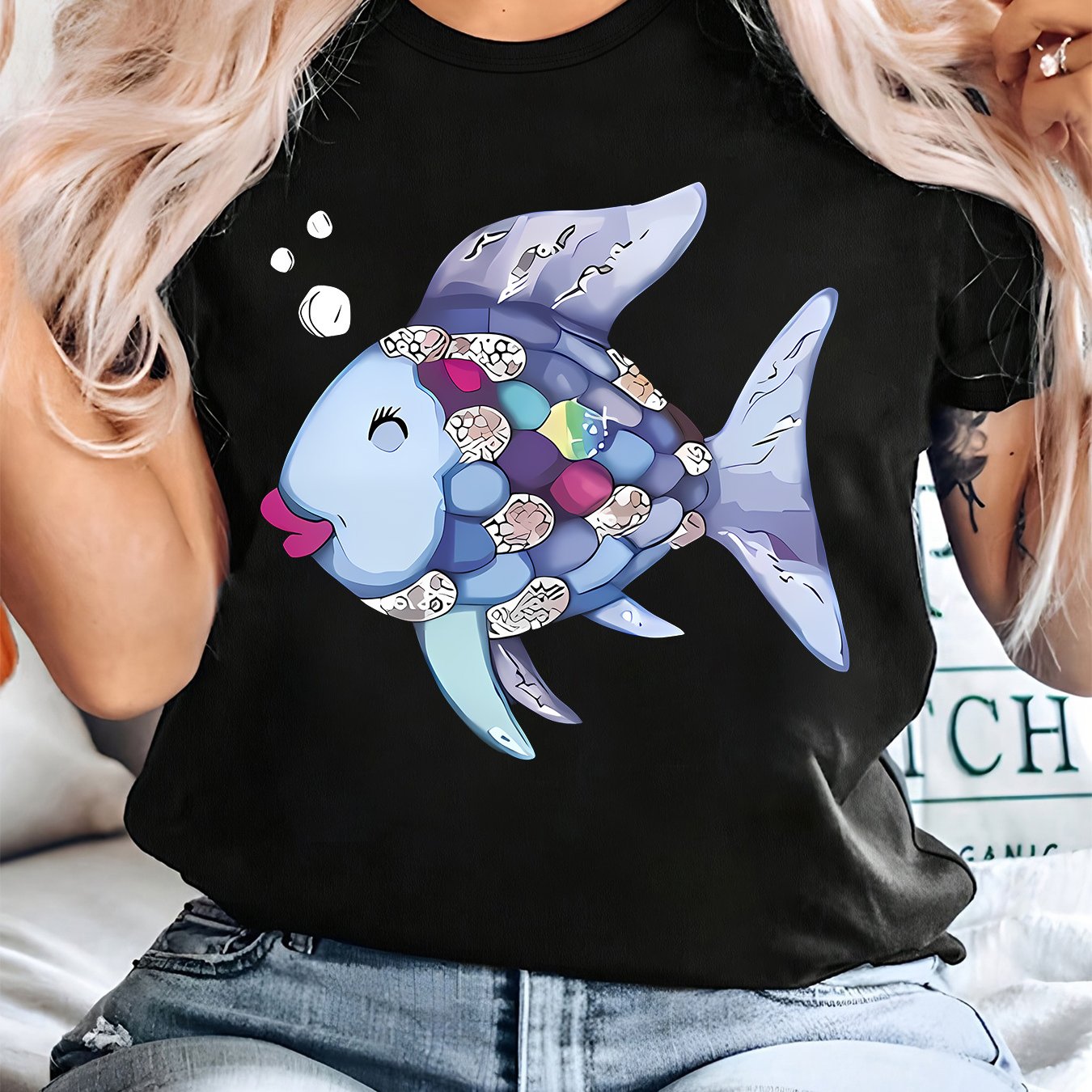 TEMU Plus Size, Colorful Small Fish Print Plus Size Short Sleeve T-shirt, Polyester Fabric, Crew Neck, Pullover Style, Suitable For , Perfect Gift