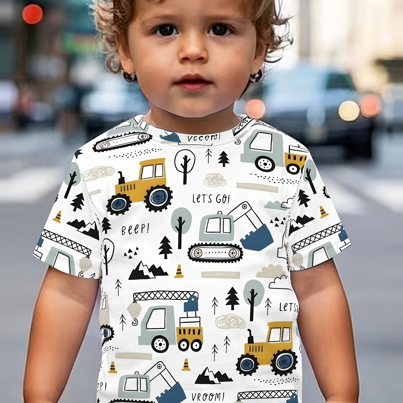 Excavator Crane Pattern Cartoon Short Sleeve T-shirt Boys' Fashion Top Summer
