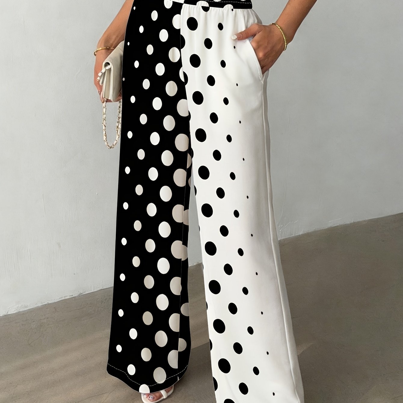 TEMU Women's Straight-leg Pants With Black And White Polka Dot Patterns. Comfortable And Stylish, Suitable For Casual , The Beach, Office Wear And