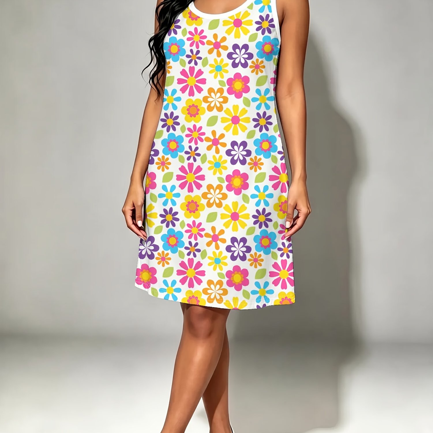 TEMU Colorful Daisy Patternwomen's Sleeveless Tank Dress, Summer Casual Loose A-line T-shirt Dress With Vibrant Patterns, Perfect For Daily Wear,