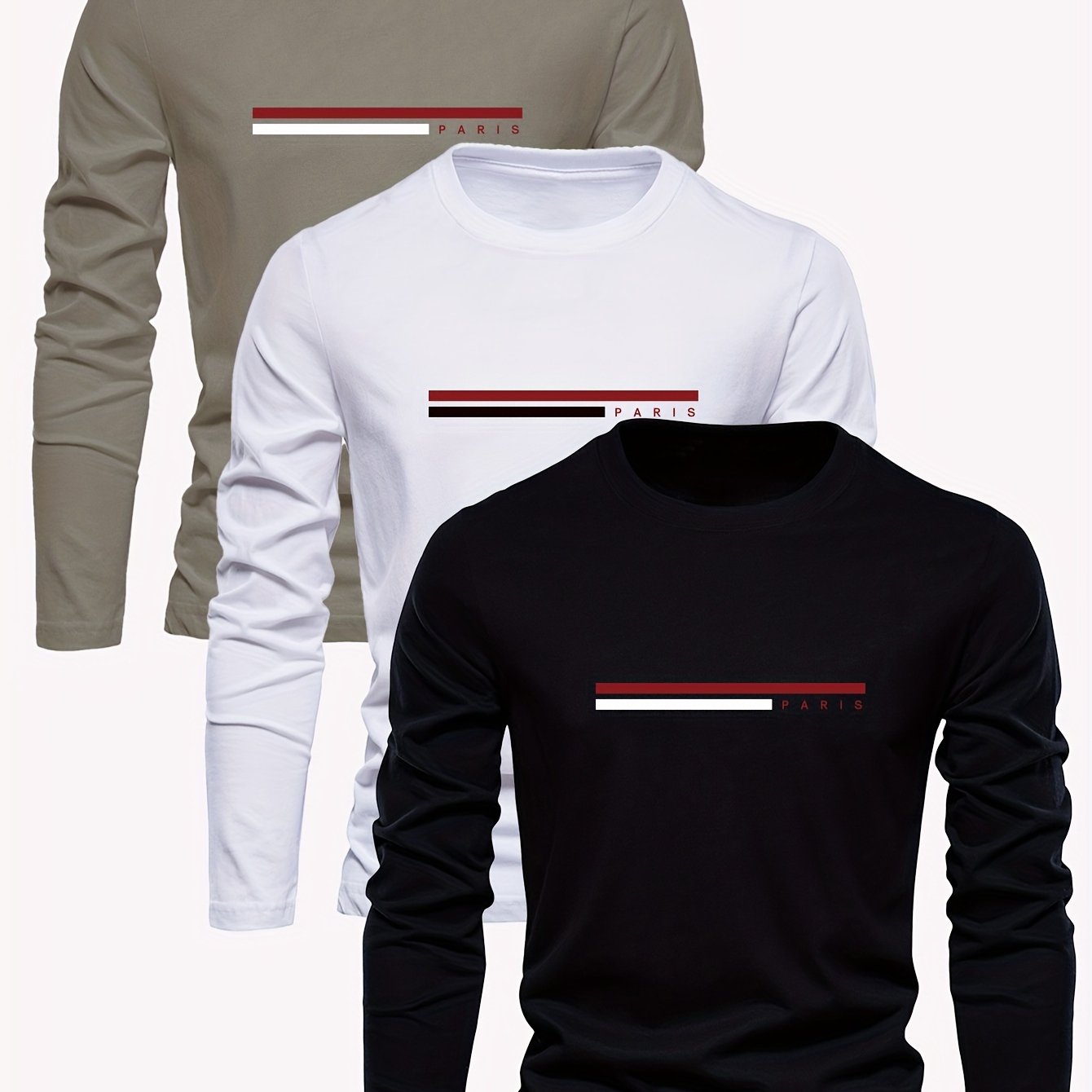 3pcs Men's 100% Cotton T-shirts, Round Neck Printed Long Sleeve Tees - Comfortable And Breathble Autumn/spring Top