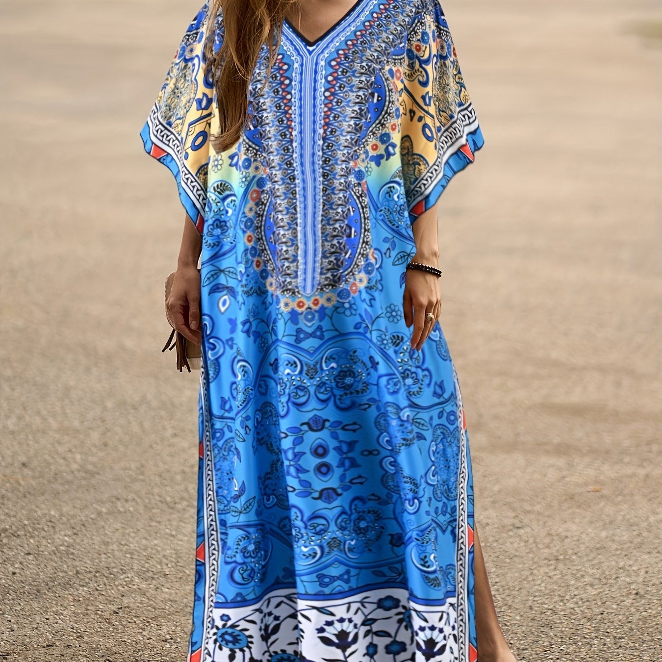 Image of Women's Middle Eastern Robe, V-neck Bohemian Floral Casual Beach Vacation Dress