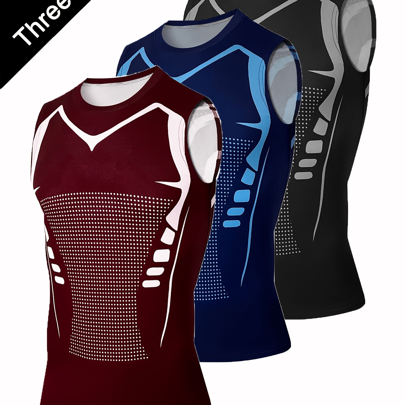 TEMU 3pcs Set Print Pattern Men's Elastic Breathable Sports Compression Sleeveless Vest, Moisture-wicking Comfortable, Suitable For Outdoor Sports