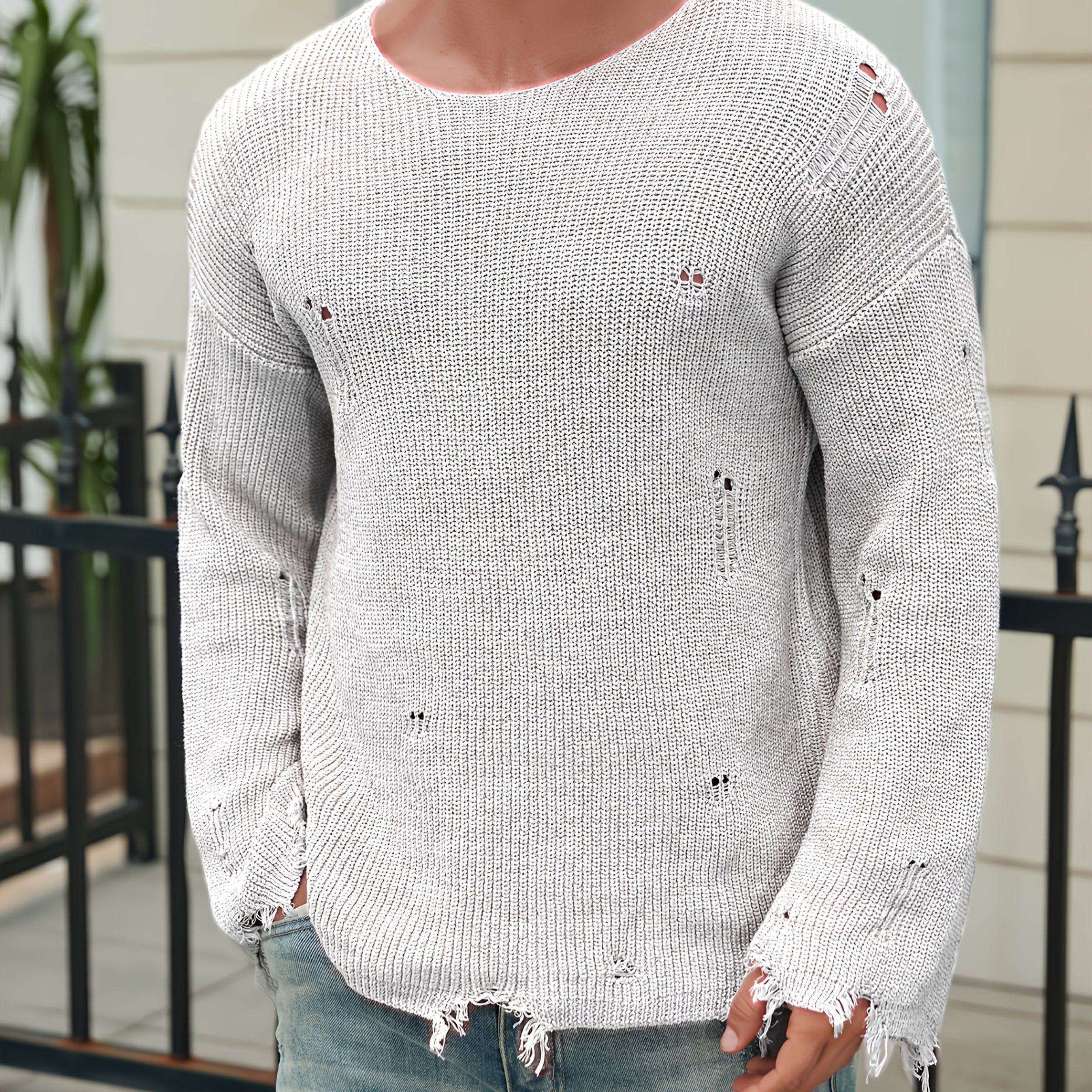 Image of New European And Men's Knit Sweater, Round Neck Long Sleeve, Hollow-out Pullover, Casual Versatile Streetwear, Relaxed Style, Floral Print Ripped Knit Pullover For Spring/summer