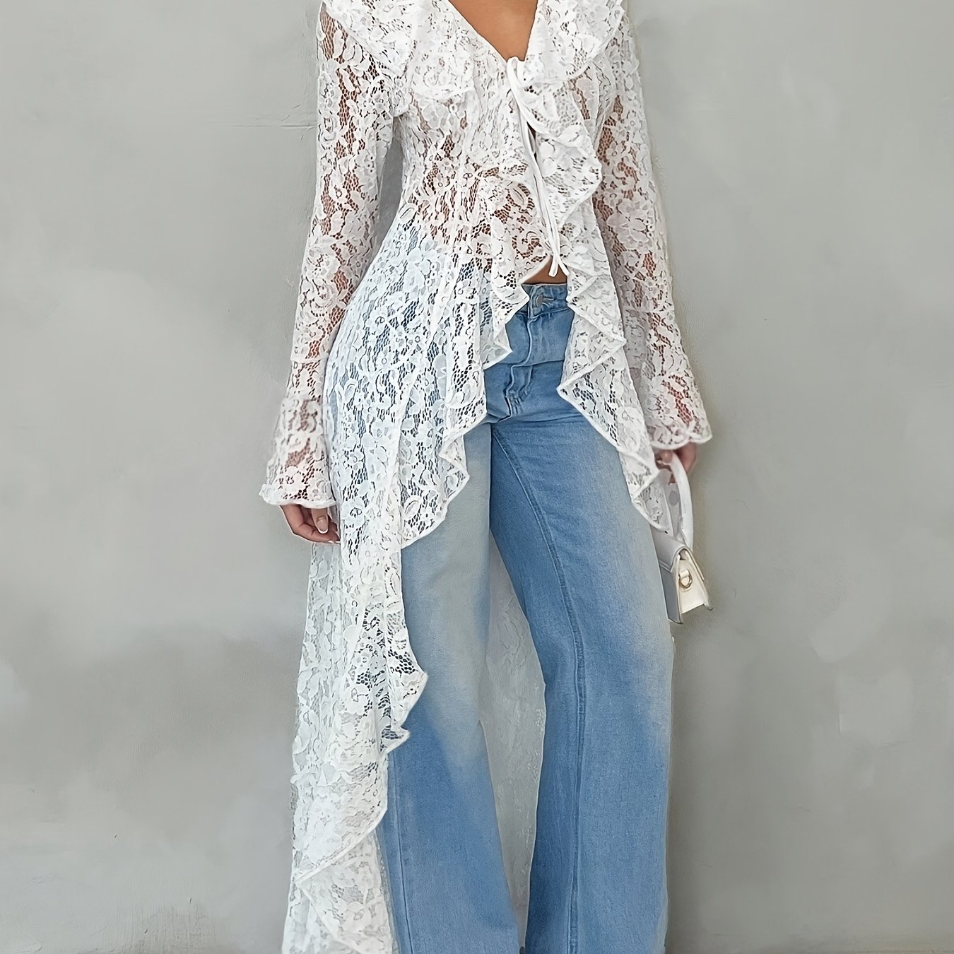 TEMU French Sexy V-neck Sheer Lace Long Kimono Tie-front Outerwear
