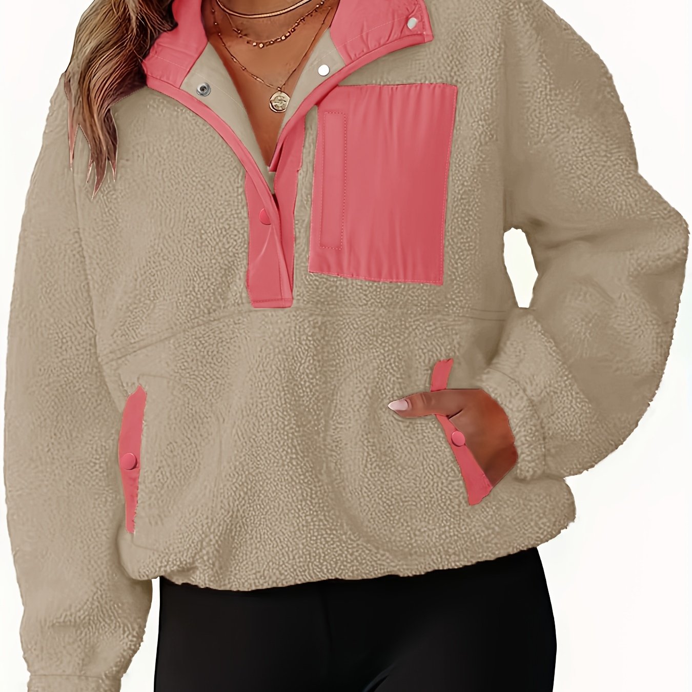 Image of Women's Print Half Button Pocket Fuzzy Sweatshirt, Casual Drop Shoulder Long Sleeve Stand Collar Pullover For Fall & Winter, Women's Clothes For Daily Wear