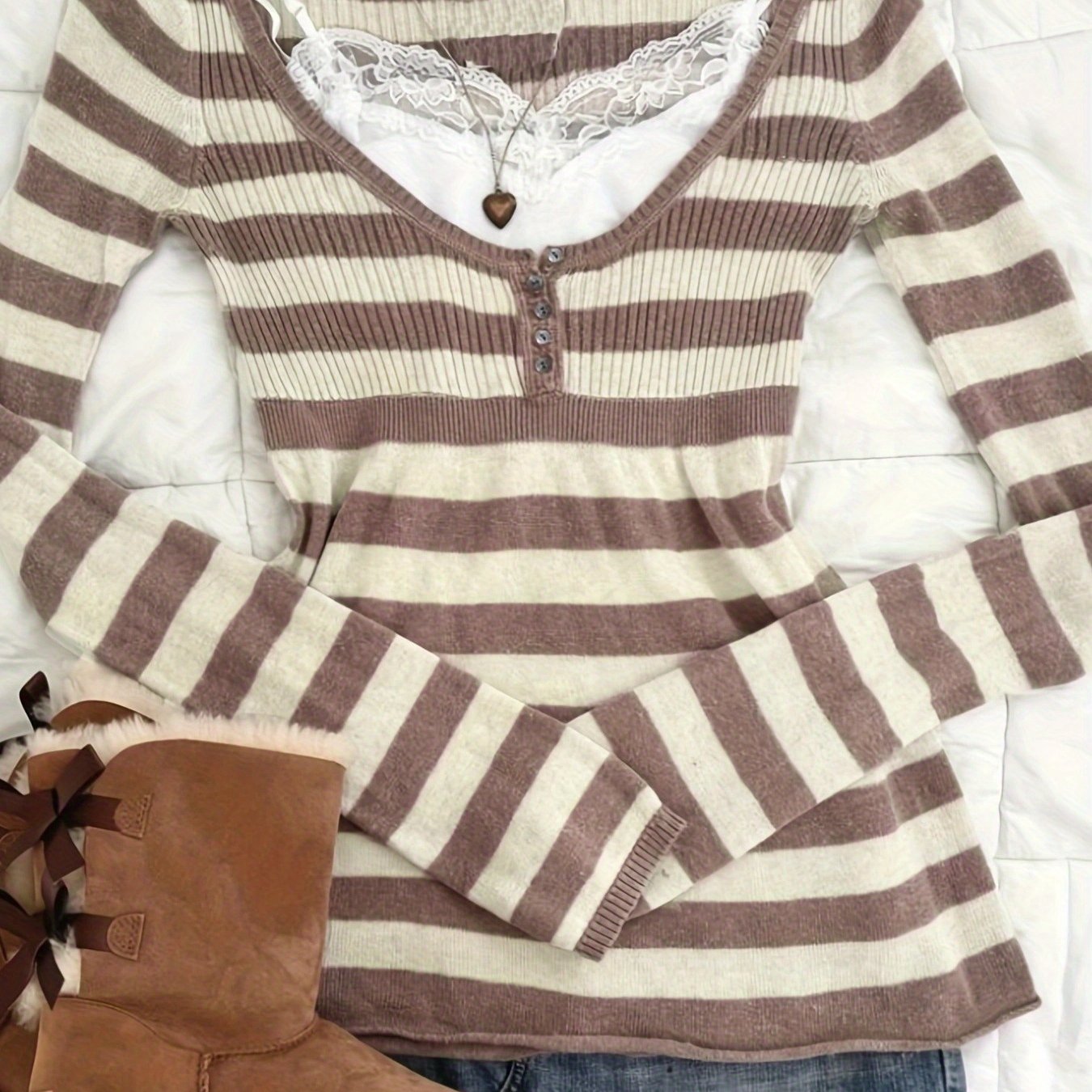 TEMU Women's Fashion Top, Fabric Top With Half-open Front , Buttons, Stripes, Long Sleeves, Round Neck, Elegant And Casual, Y2k Hot , Daily Wear, ,