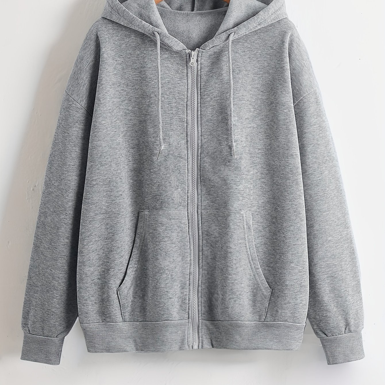 TEMU Solid Color Zip-up Hoodie With Long Sleeves And Plush Lining For Warmth, For Fall And Winter